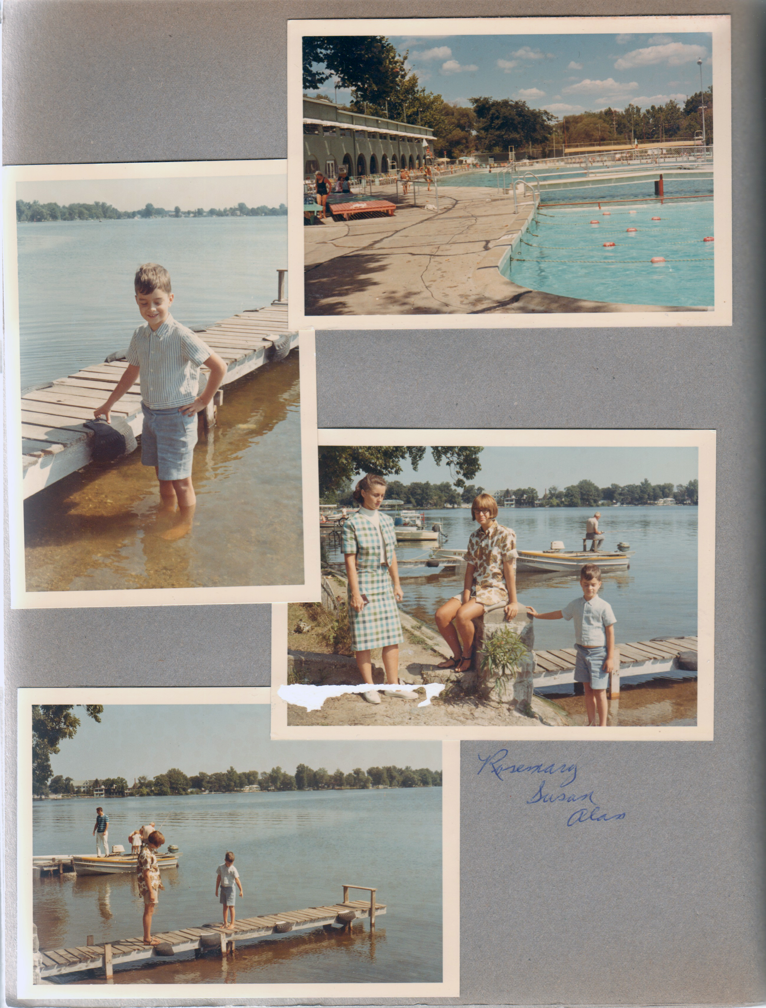 Riviera Club from south end of pool. Wawasee - Alan in water at dock. Rosemary, Susan and Alan by water. 