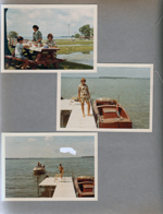 Wawasee - Alan, Rosemary and Susan lunch on picnic table at Fish Hatchery. Susan on dock by wooden boat 