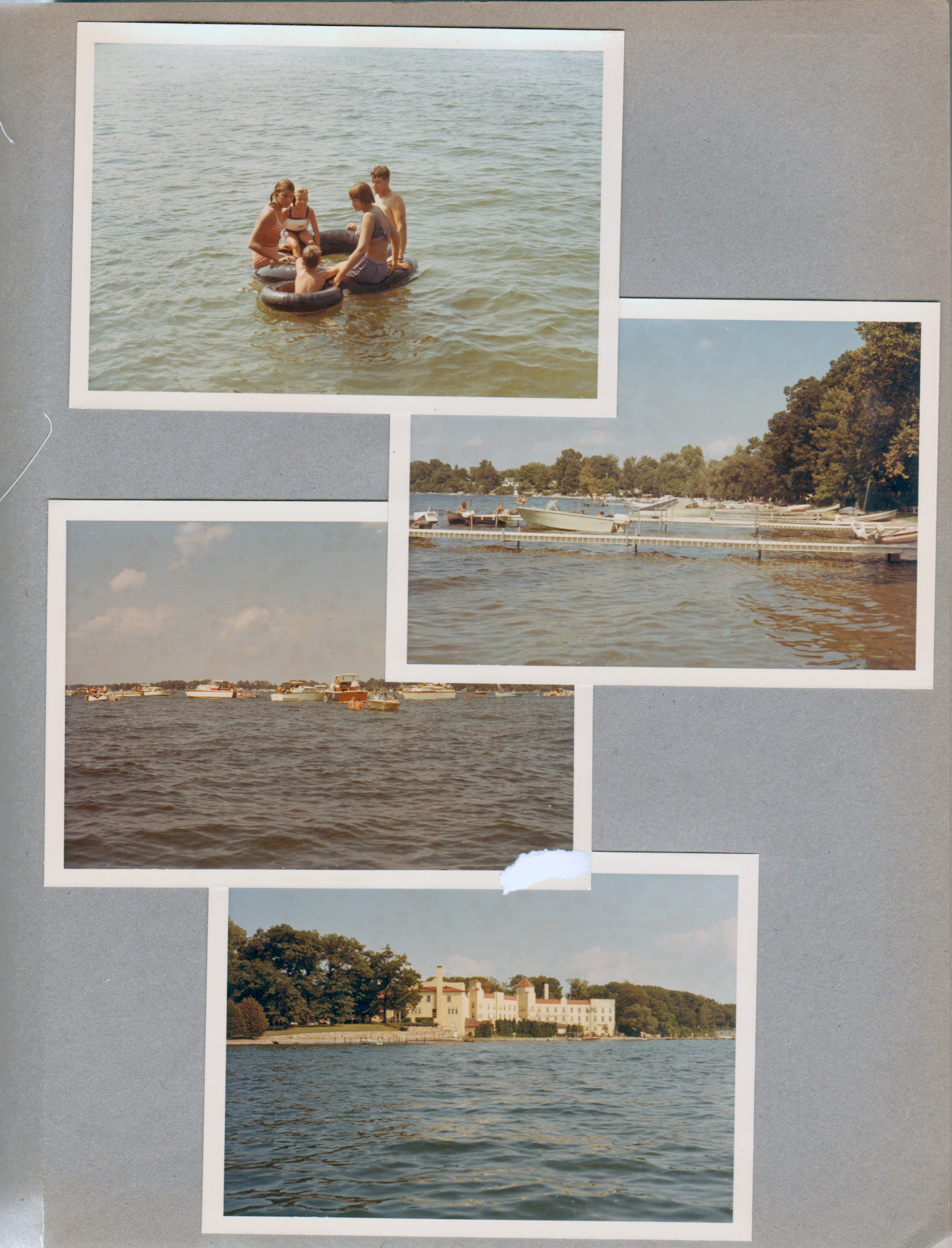Kids in water inner tubes. Piers on Wawasee. Boats at the sand bar. Seminary