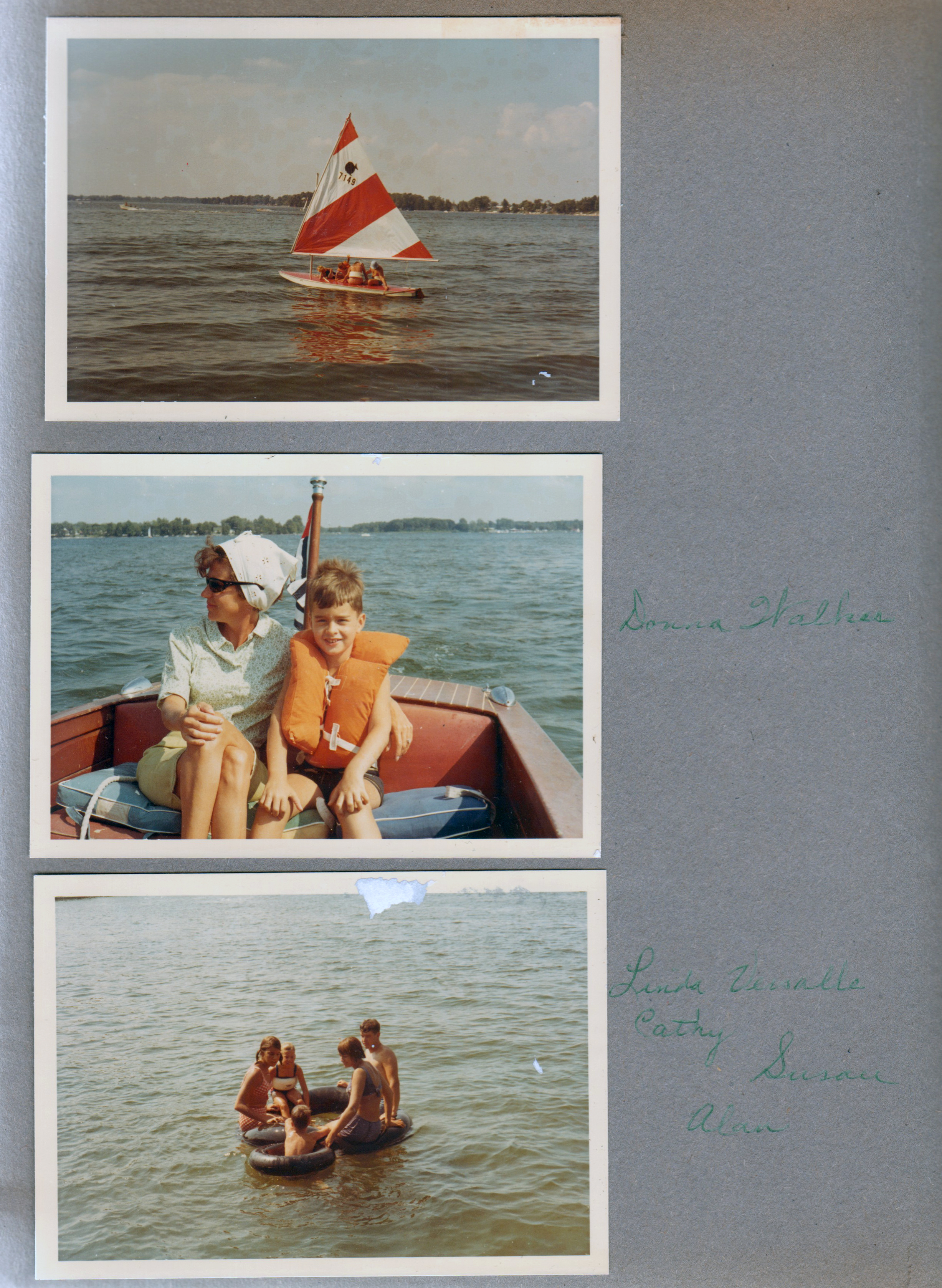 Wawasee - Sunfish sailboat on Wawasee. Alan on boat. Kids in inner tubes.