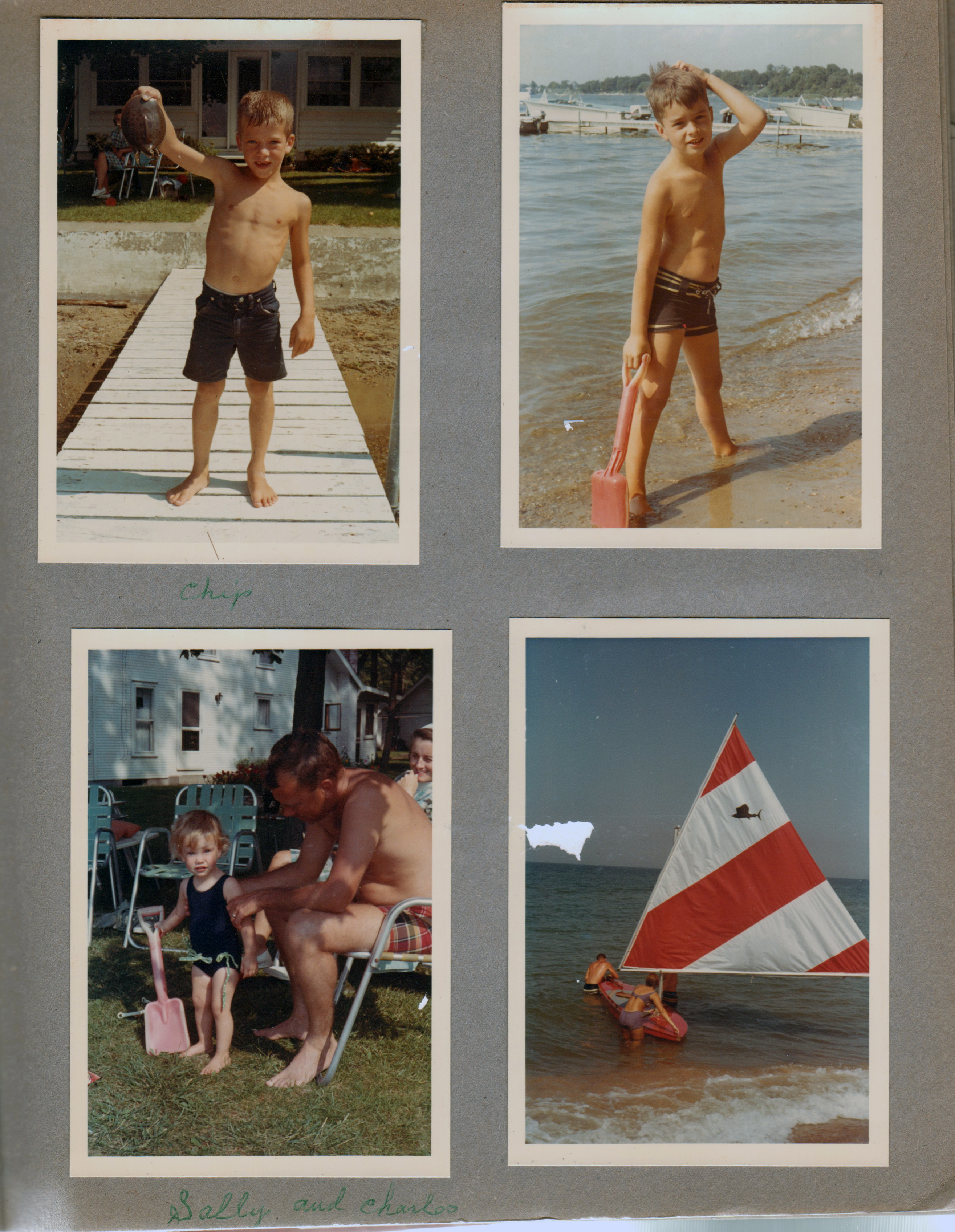 Wawasee - Chip Walker with turtle. Alan with shovel in water. Sailfish sailboat on Lake Michigan.