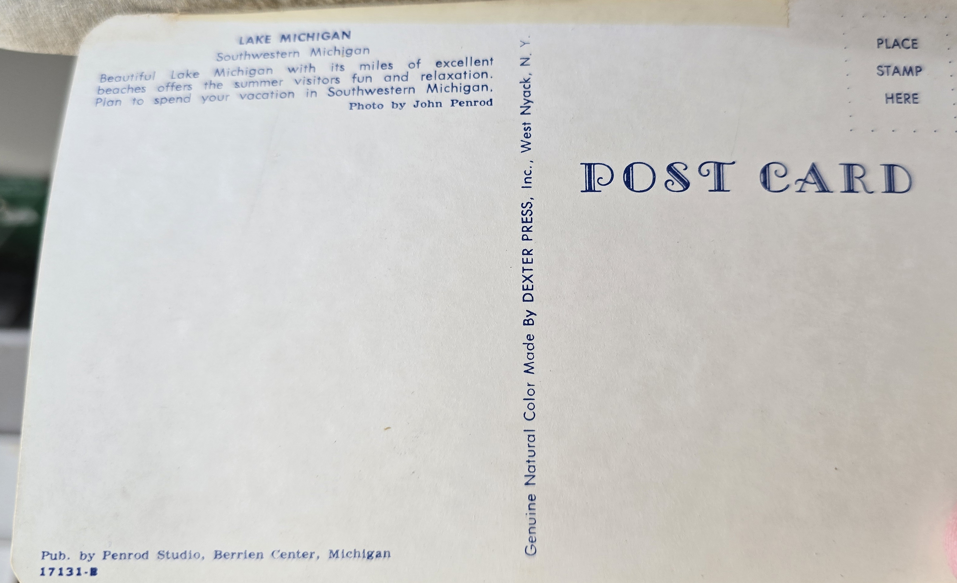 Postcard back 17131-B - Greetings from Benton Harbor - Lake Michigan