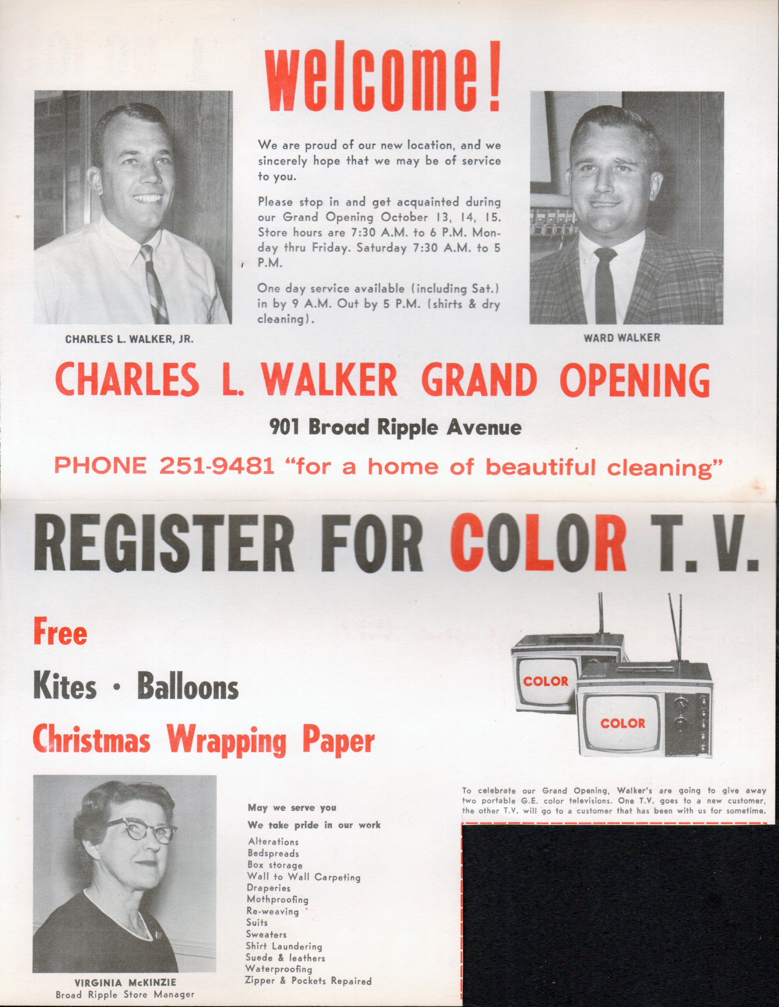 Charles L Walker Cleaners flyer 901 Broad Ripple Avenue grand opening - Ward Walker, Virginia McKinzie.