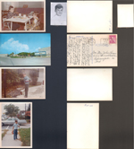 loose items - Alan and Mary eating at tiny table at 8815 Haverstick. Postcard GM. No. 151 - Panama City. Alan with gravel in white pickup truck at 6122. Alan at 62nd and College blowing a dandelion.