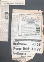 loose items - newspaper clippings - Ann Landers - discipline. Recipe - cheddar chess pie.