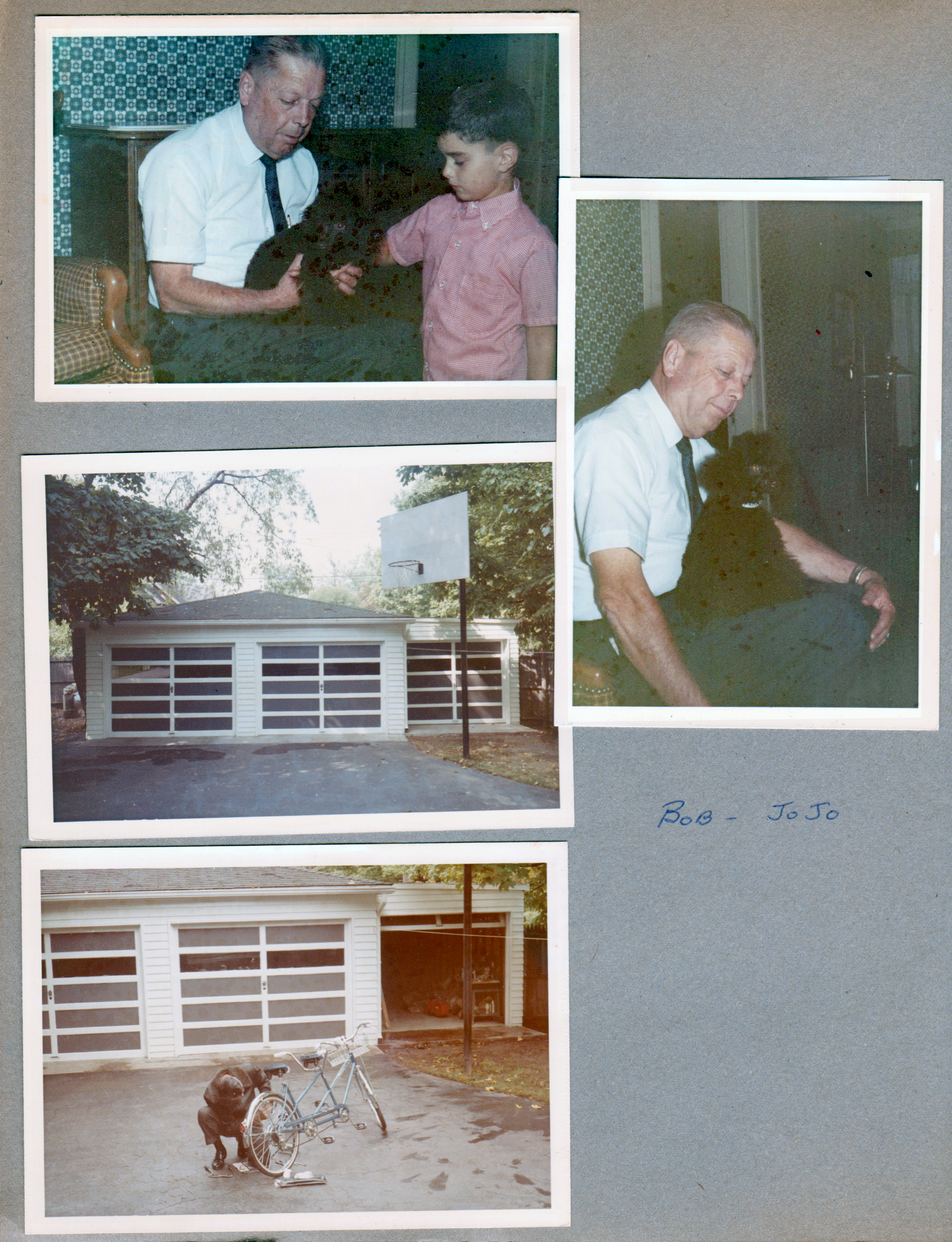 Bob Brawner (6123) with Jo Jo and Alan. 6122 three garages. John working on bike in driveway.