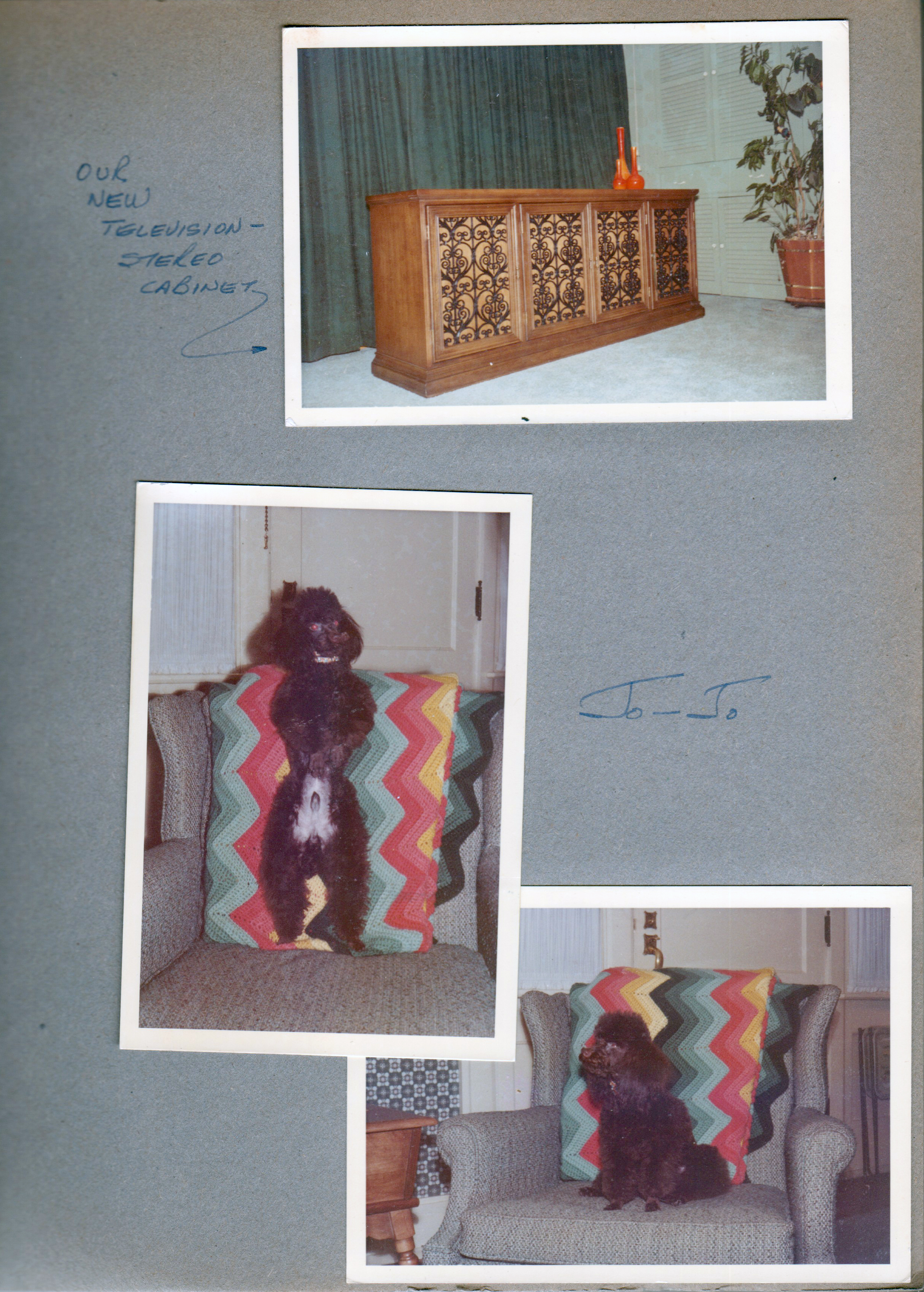 6122 dining room - new television-stereo cabinet (built-in cabinet now has louver doors). 6123 - Jo Jo on chair.