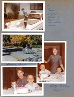 6122 - Alan shoveling gravel out of white pick up at garages for new garage. Alan and Susan on Schwinn tandem on Carrollton. 3845 Capitol - Betty's birthday. Kenny and Ronnie.