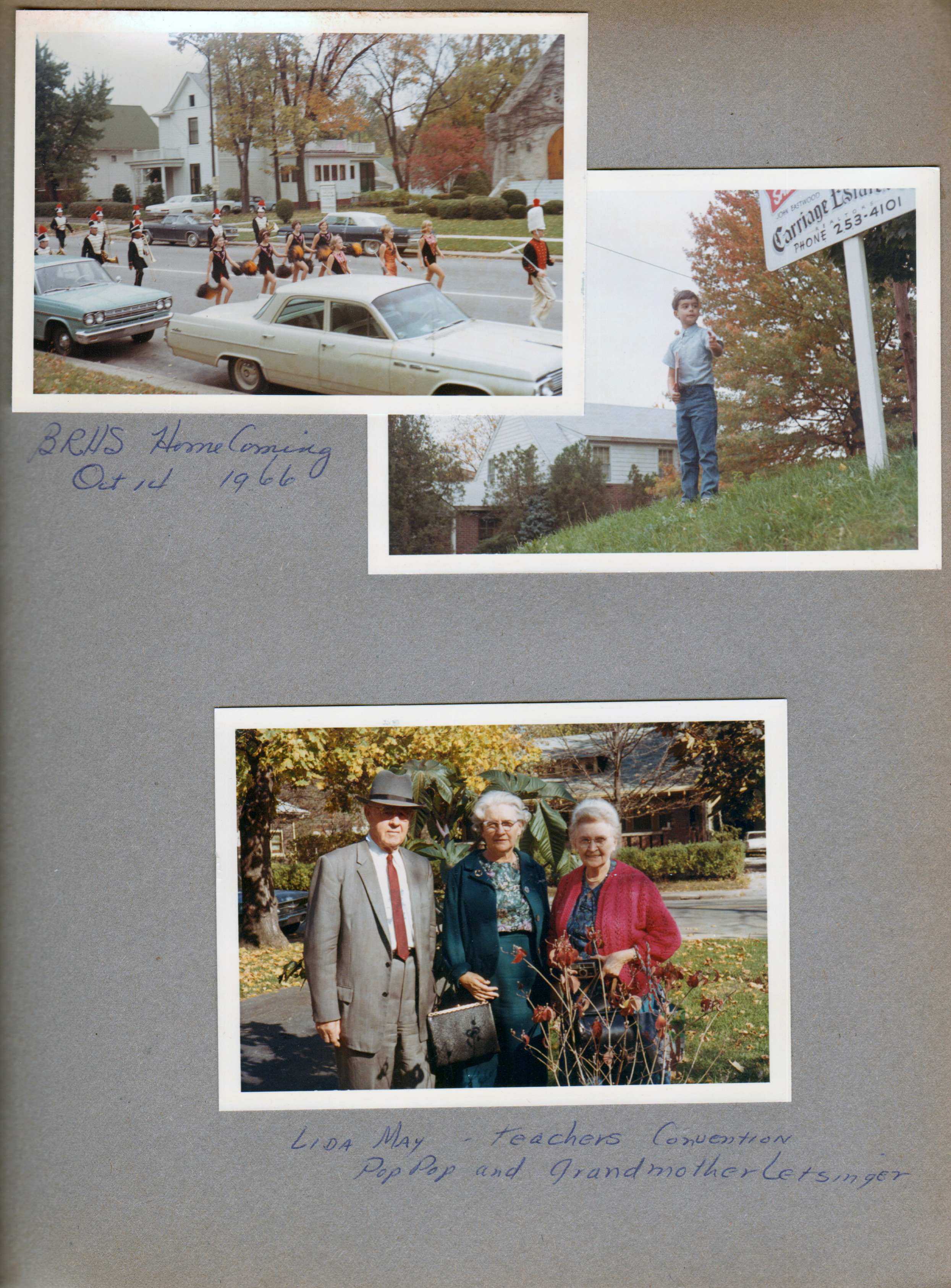 BRHS Homecoming Parade passing 6100 block of College. Alan on hill on College east side. 6122 front yard - Curt, Lida May and Vonnie.