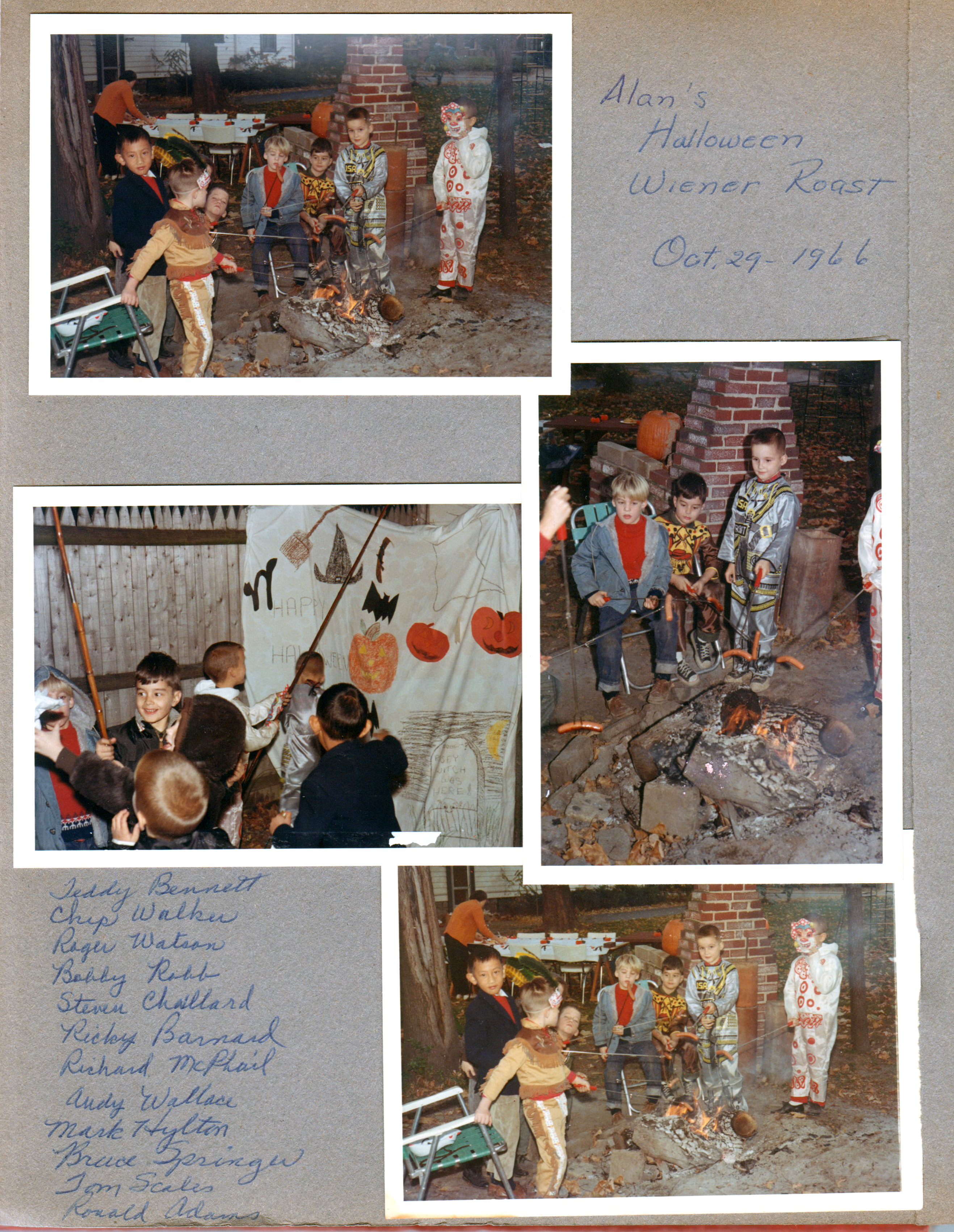 6122 Halloween Wiener Roast in back yard - Fishing game. Back yard fireplace. Rosemary setting table, Steve Chaillard, Andy Wallace looking at hot dog, Alan, Roger Watson?. Listed names: Teddy Bennett, Chip Walker, Roger Watson, Bobby Robb, Steven Chaillard, Ricky Barnard, Richard McPhail, Andy Wallace, Mark Hylton, Bruce Springer, Tom Scales, Ronald Adams.