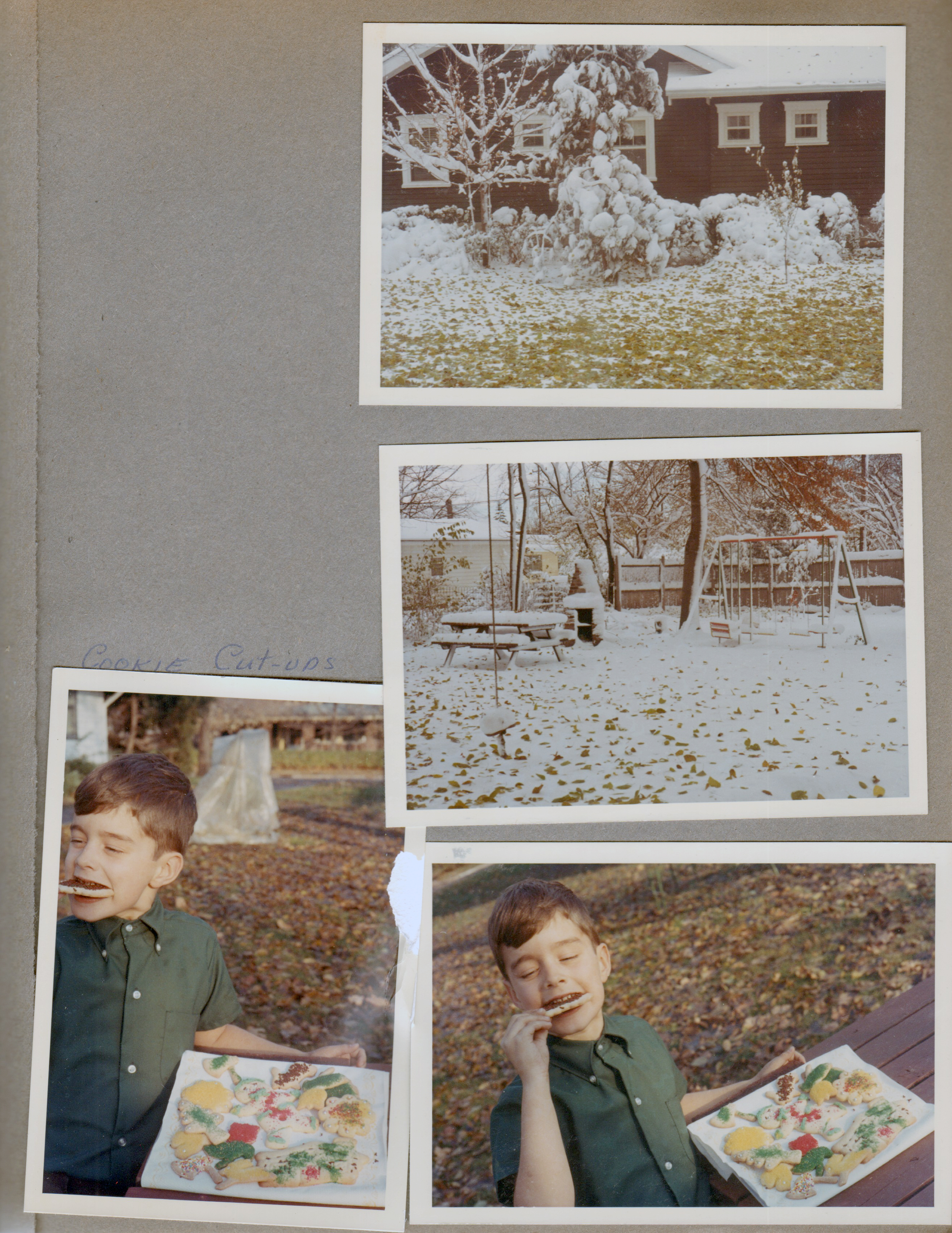 6122 yard snow. Alan eating Christmas cookies in yard.