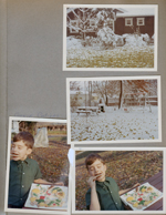 6122 yard snow. Alan eating Christmas cookies in yard.