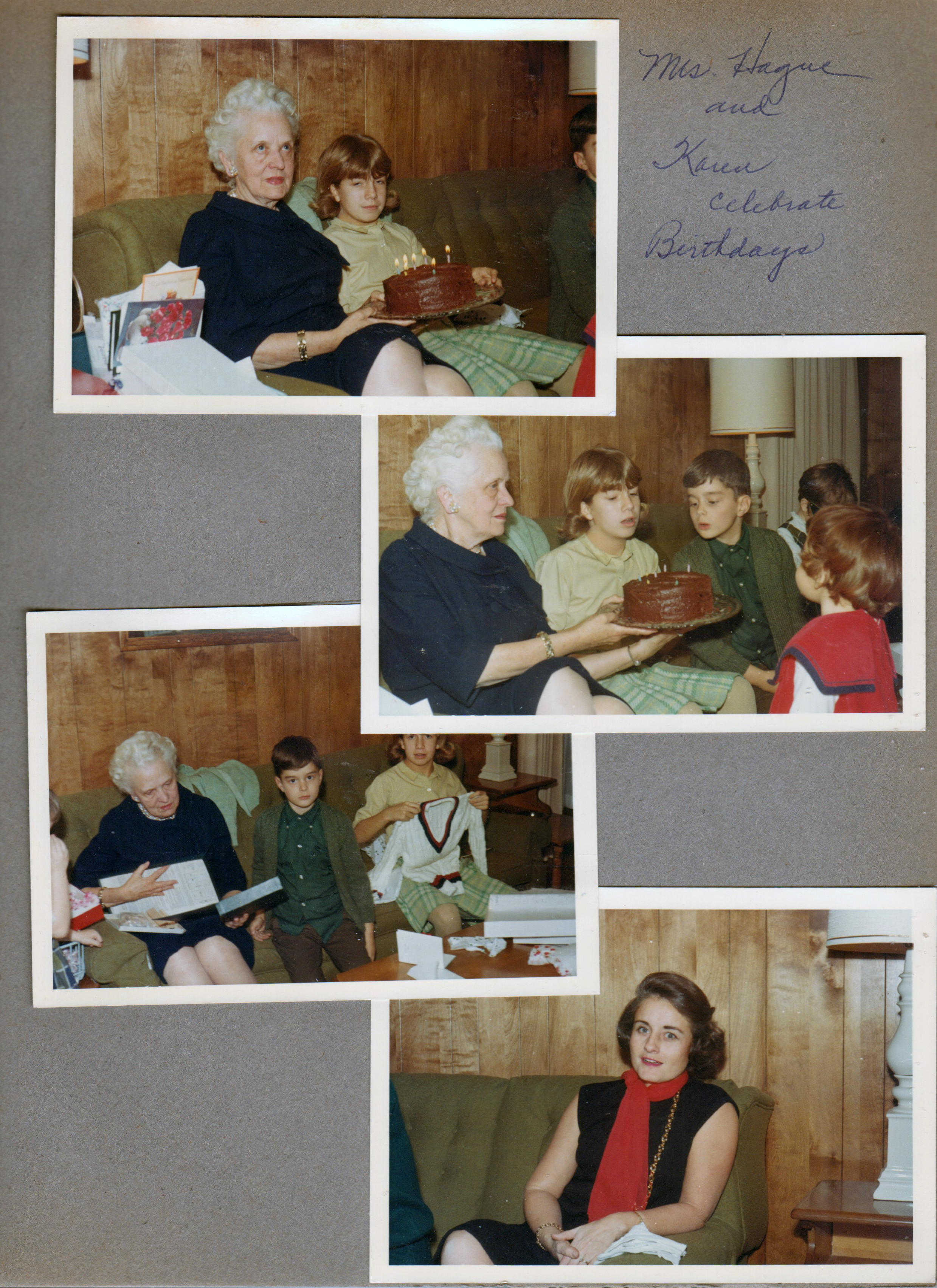 At 8817 Haverstick - Helen and Karen Hague birthdays - Helen, Karen, Alan. Helen, Alan, Karen. Rosemary.