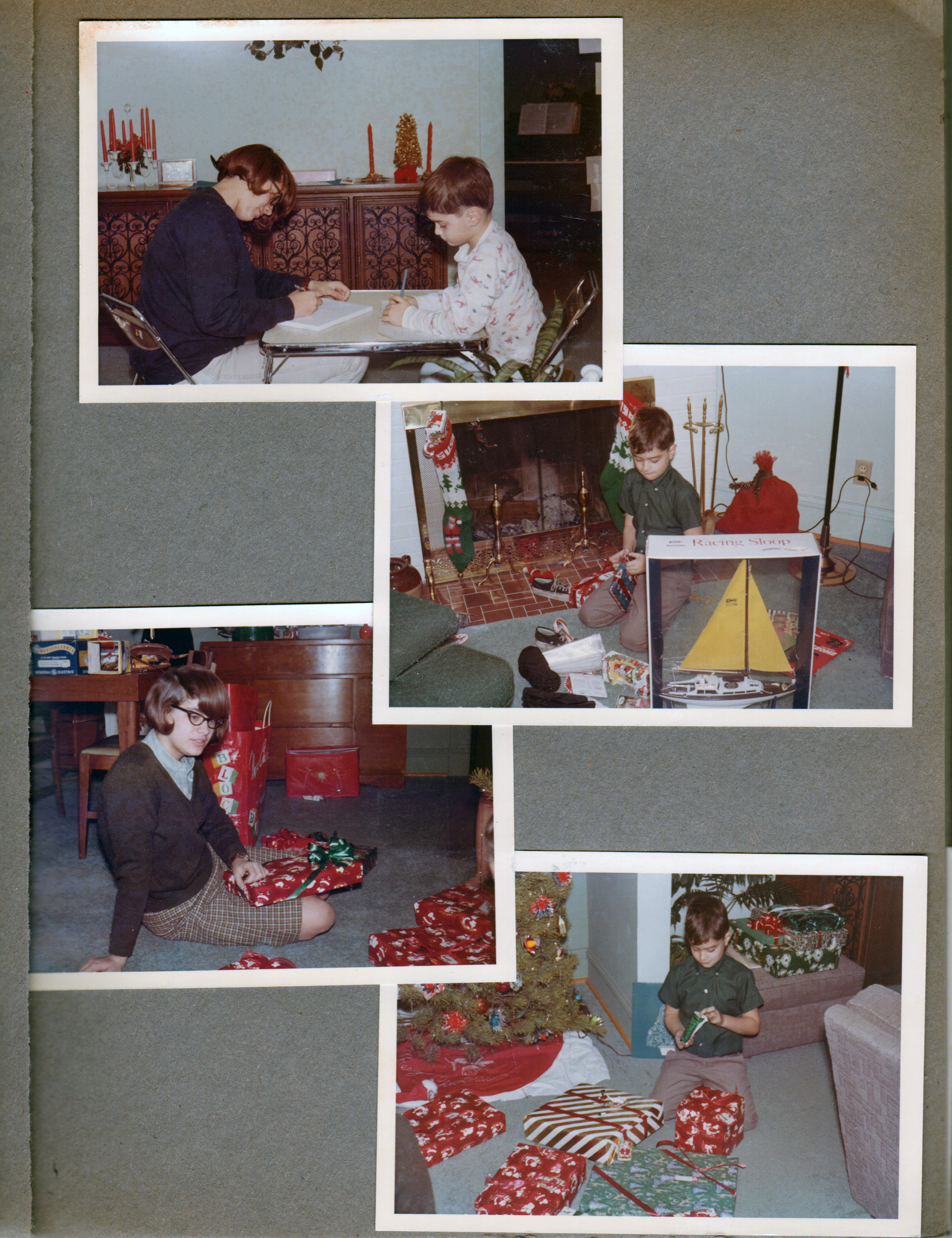 Christmas 6122 - Susan and Alan writing in living room in front of TV cabinet. Alan with gifts by fireplace - sailboat. Susan with gifts in dining room.