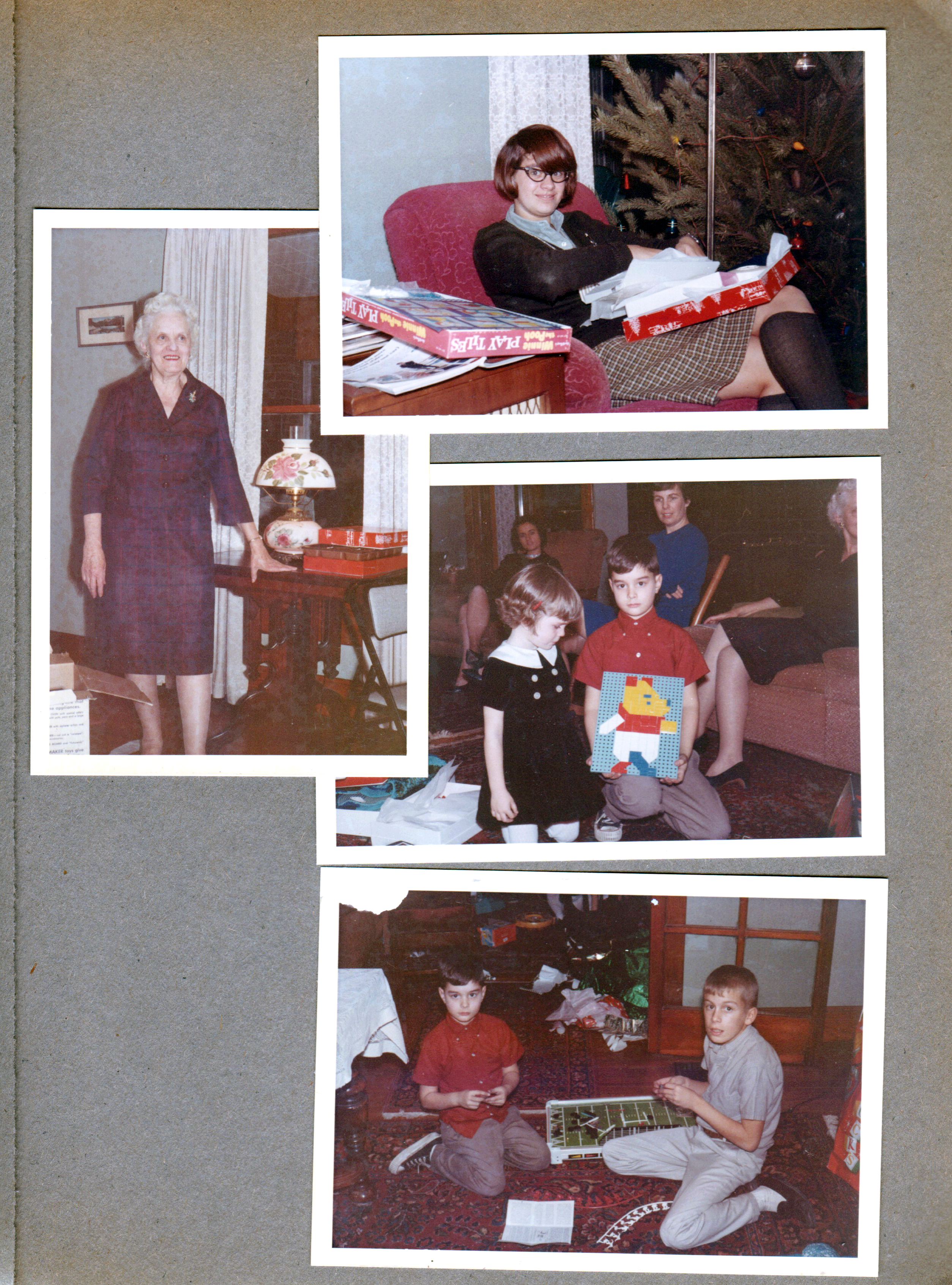 Christmas at 8817 Haverstick - Susan with gift. Helen at table. Mary and Alan. Alan and Eddie - electric football.