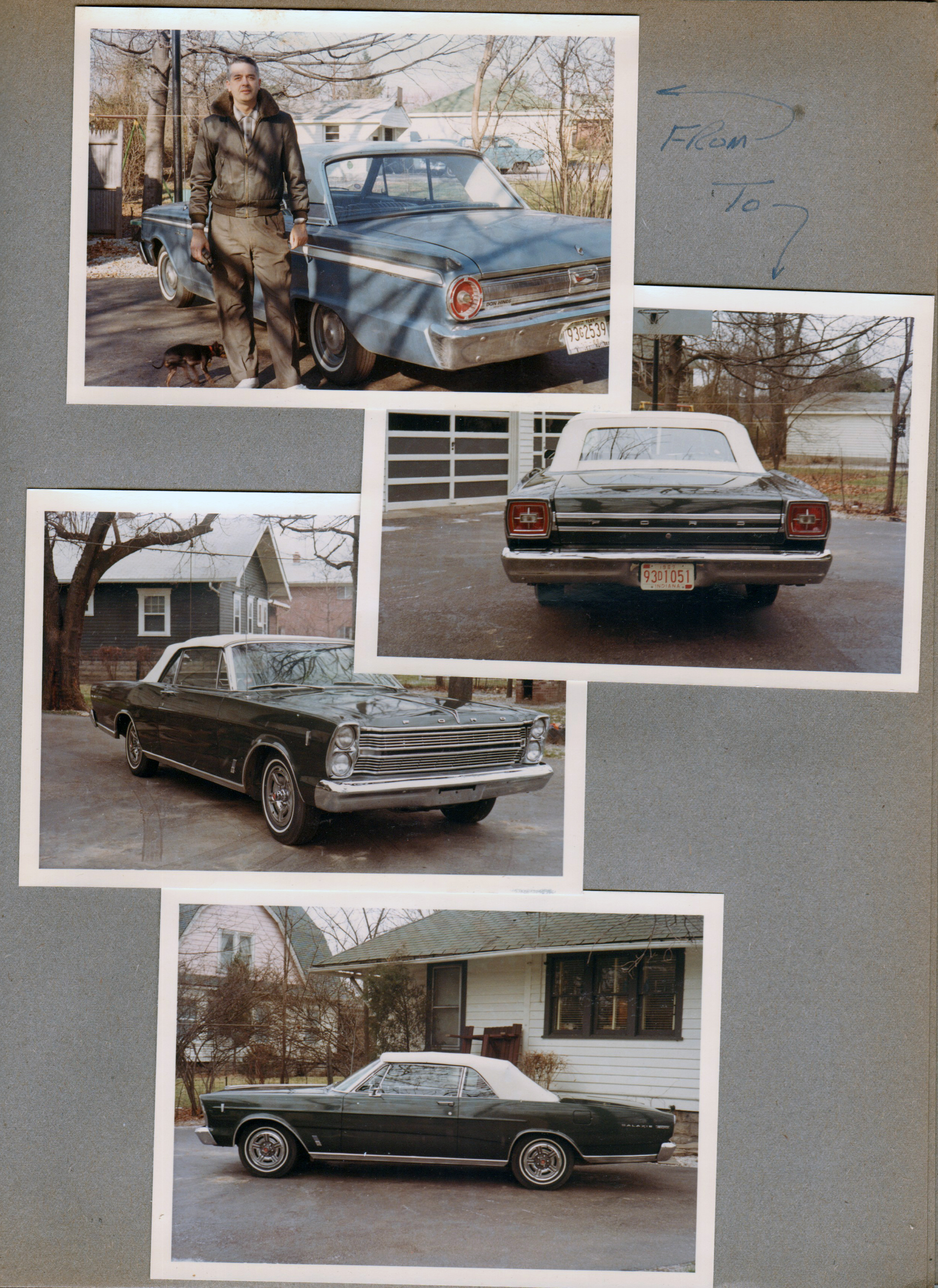 6122 driveway - John with Ford Fairlane. Ford Galaxie 500 convertible. Back of 6122 and neighbor houses.