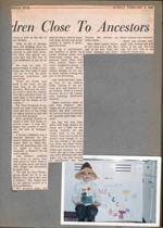 newspaper clipping - Farm house keeps children close to ancestors - The Glen Hagues at At 8817 Haverstick. Alan with pens and Welcome sign at 8815 Haverstick kitchen (I think).