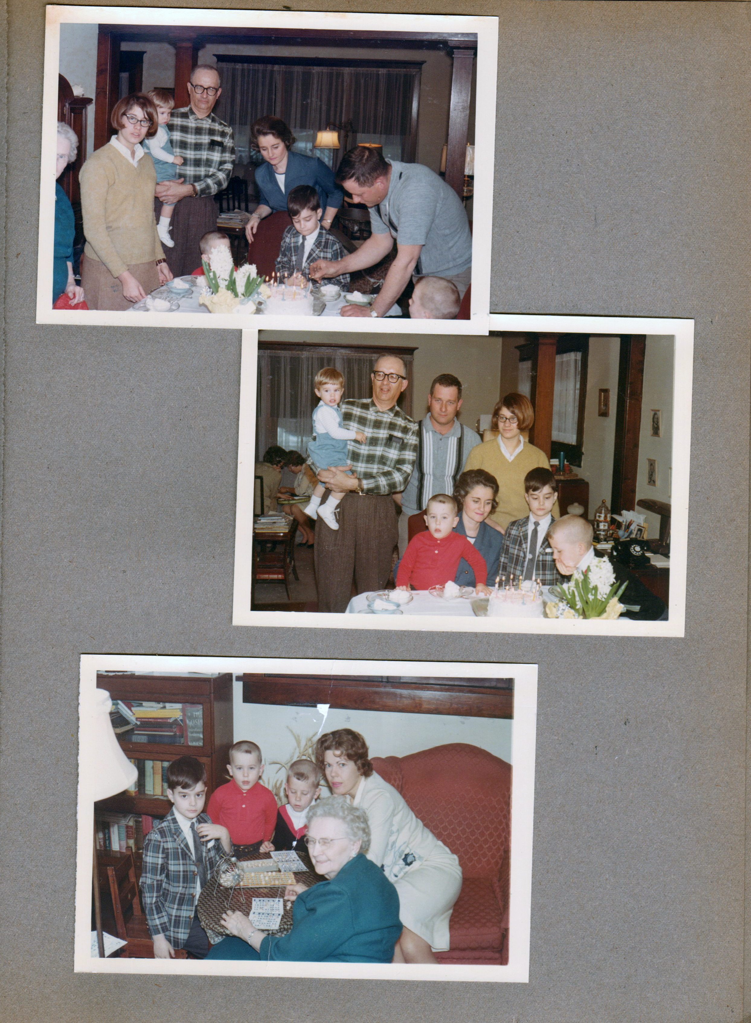 3845 Capitol - Vonnie, Susan, Joe, Warren, Rosemary, Alan, Dave. Joe, Warren, Dave, Kenny, Rosemary, Susan, Alan, Ronnie. Alan, Ronnie, Kenny, Betty on sofa - Vonnie card table playing bingo.