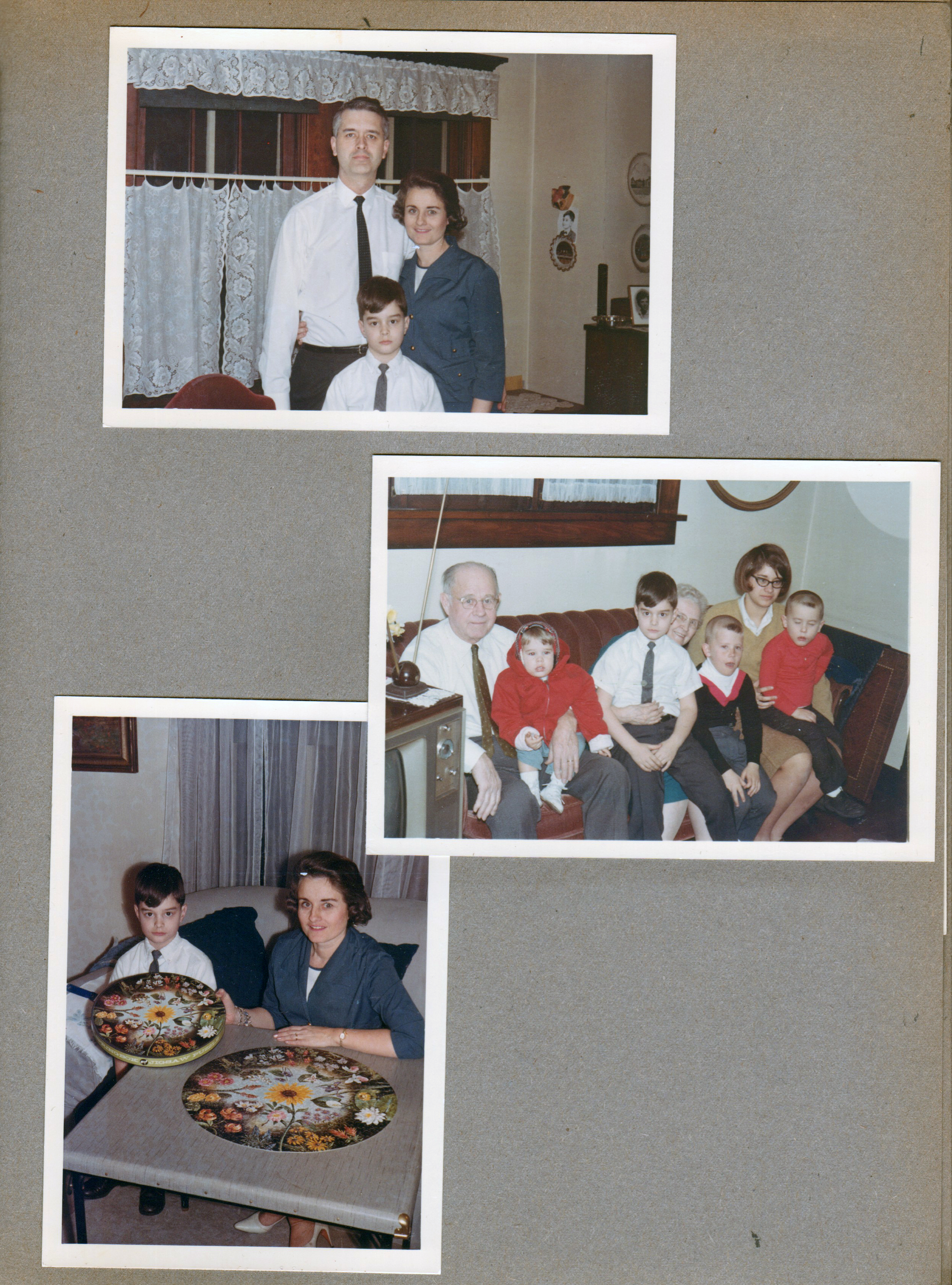 3845 Capitol - dining room - John, Alan, Rosemary. Living room - Curt, Joe, Alan, Vonnie, Ronnie, Susan, Kenny. Alan and Rosemary with completed round puzzle.