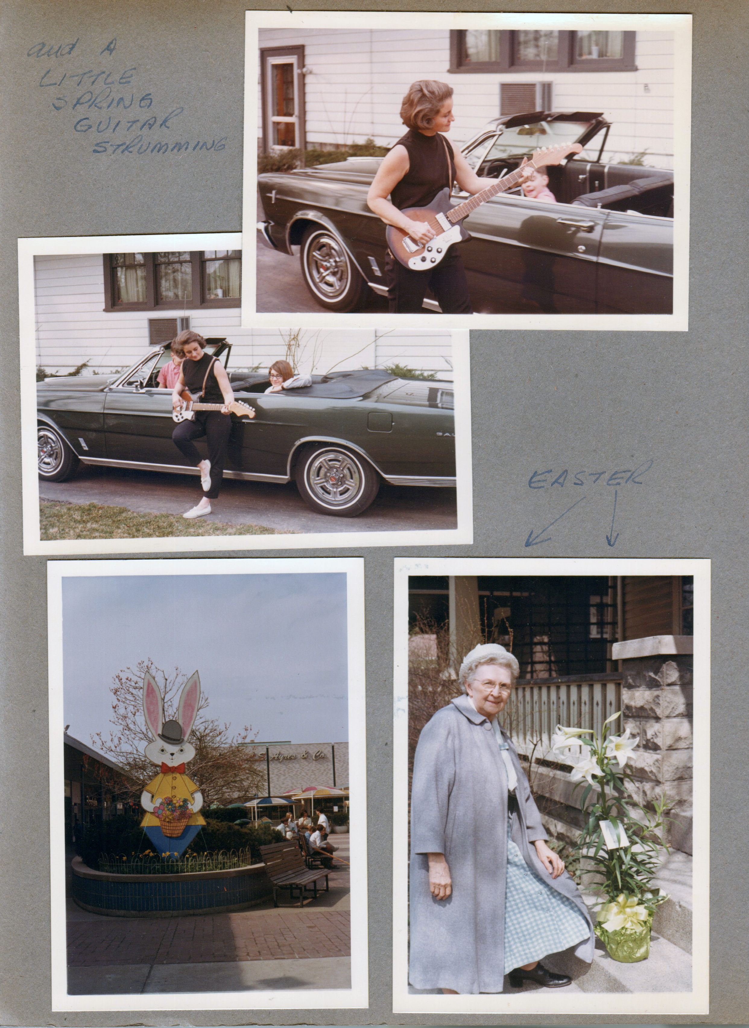 6122 driveway with Ford Galaxie 500 convertible - Rosemary playing electric guitar. Alan and Susan in car. Glendale Mall Easter Bunny sign (L.S. Ayres). Vonnie with Easter lily on porch at 2845 Capitol.