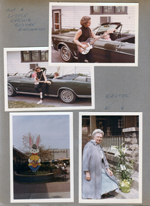 6122 driveway with Ford Galaxie 500 convertible - Rosemary playing electric guitar. Alan and Susan in car. Glendale Mall Easter Bunny sign (L.S. Ayres). Vonnie with Easter lily on porch at 2845 Capitol.