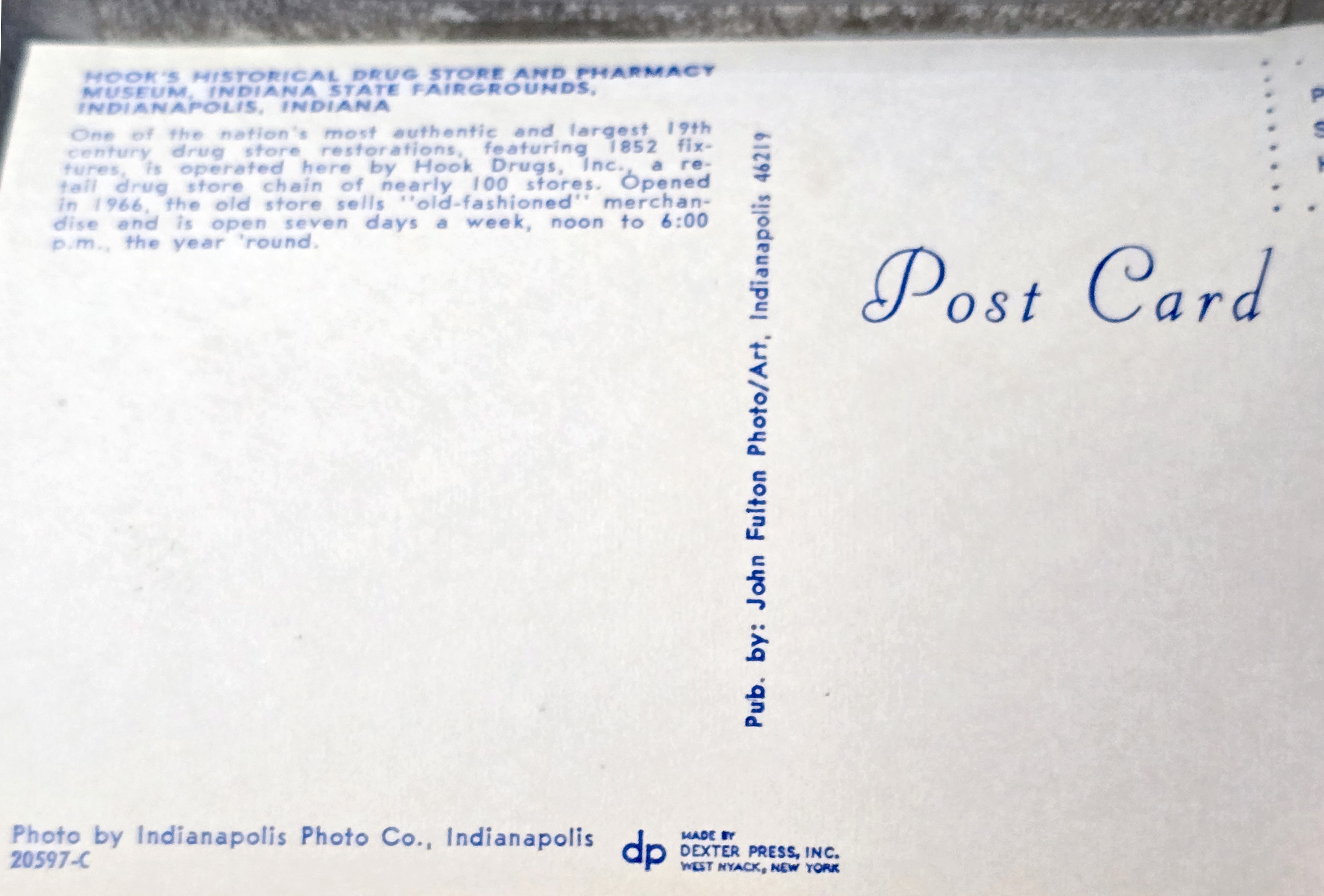 Postcard back 20597-C - Hook's Drug Store Museum