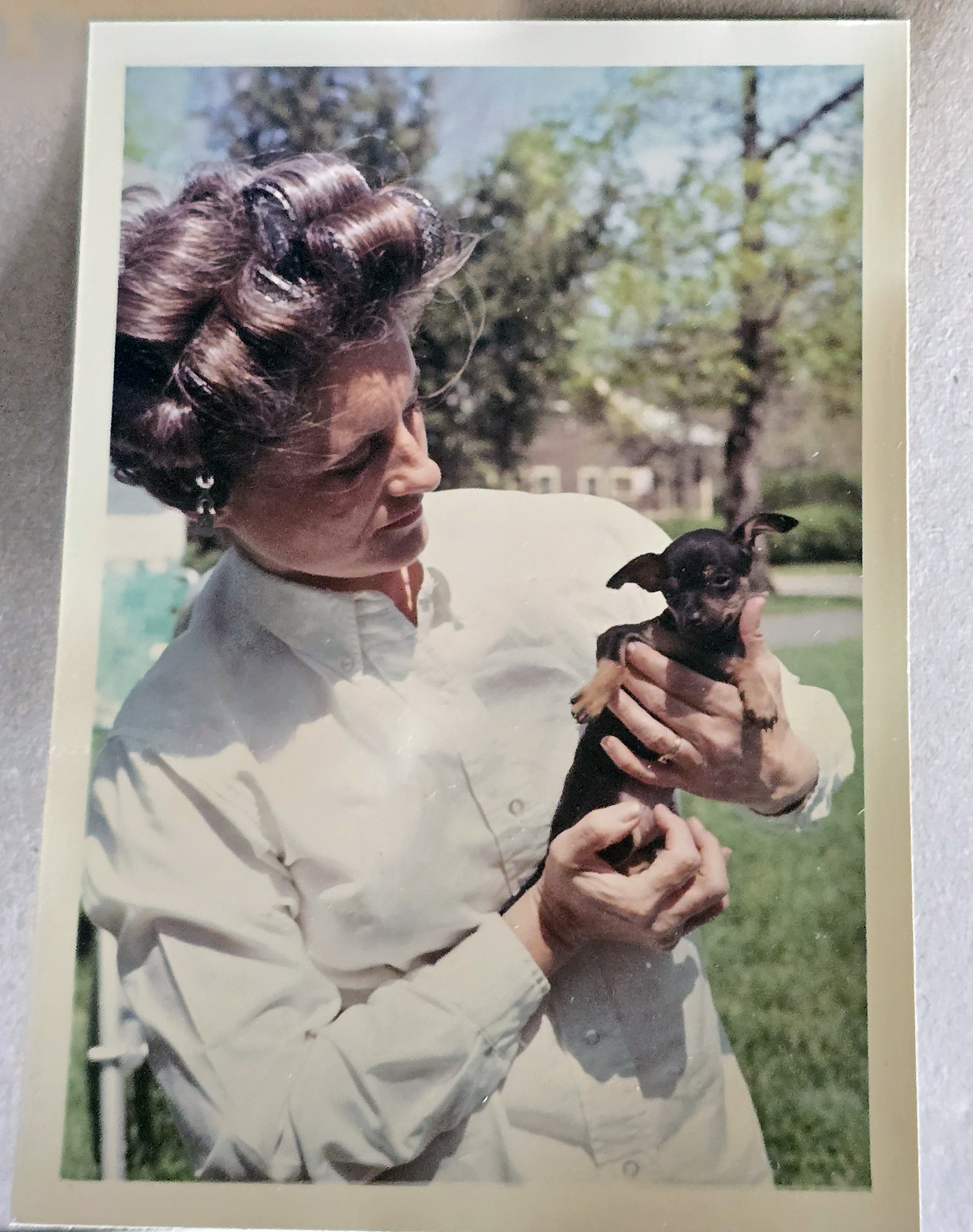6122 yard -  Rosemary (in curlers) with puppy