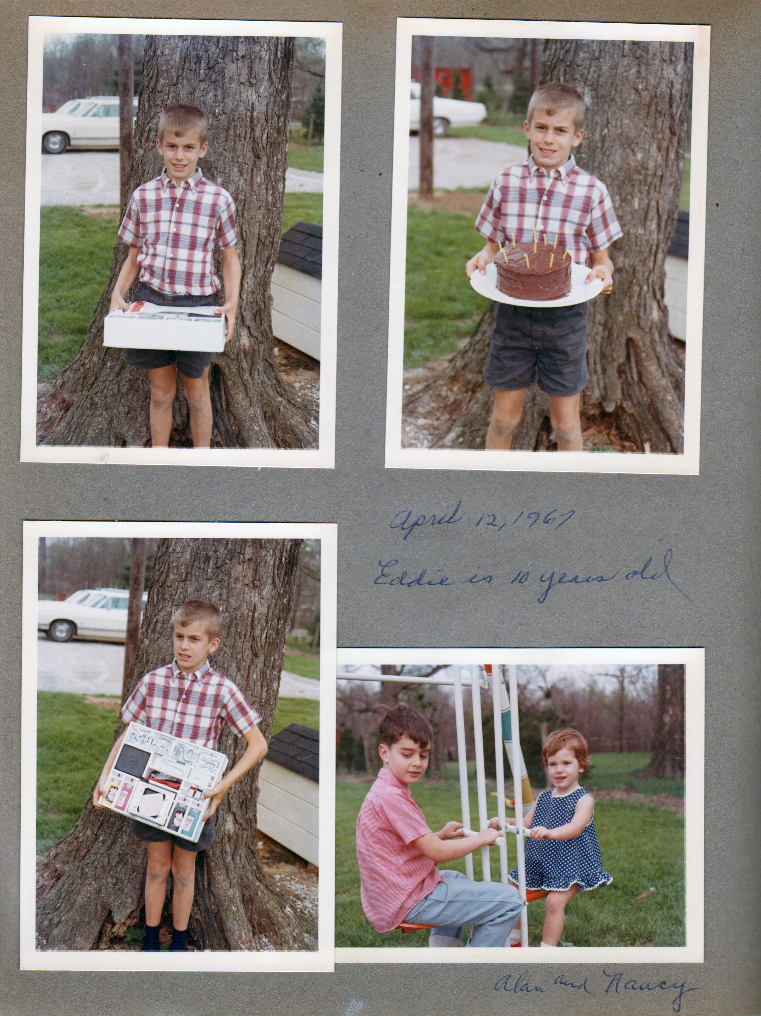 Eddie Hague 10th birthday - Cake and Creepy Crawler set. Alan and Nancy on swing.