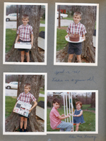 Eddie Hague 10th birthday - Cake and Creepy Crawler set. Alan and Nancy on swing.