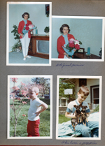 6122 living room - Rosemary with flowers. Yard - Kenny by dogwood tree. Alan with puppies.