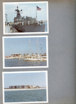 Poseidon missile launch (probably) - Ship docked. Sailboat and building on ocean.