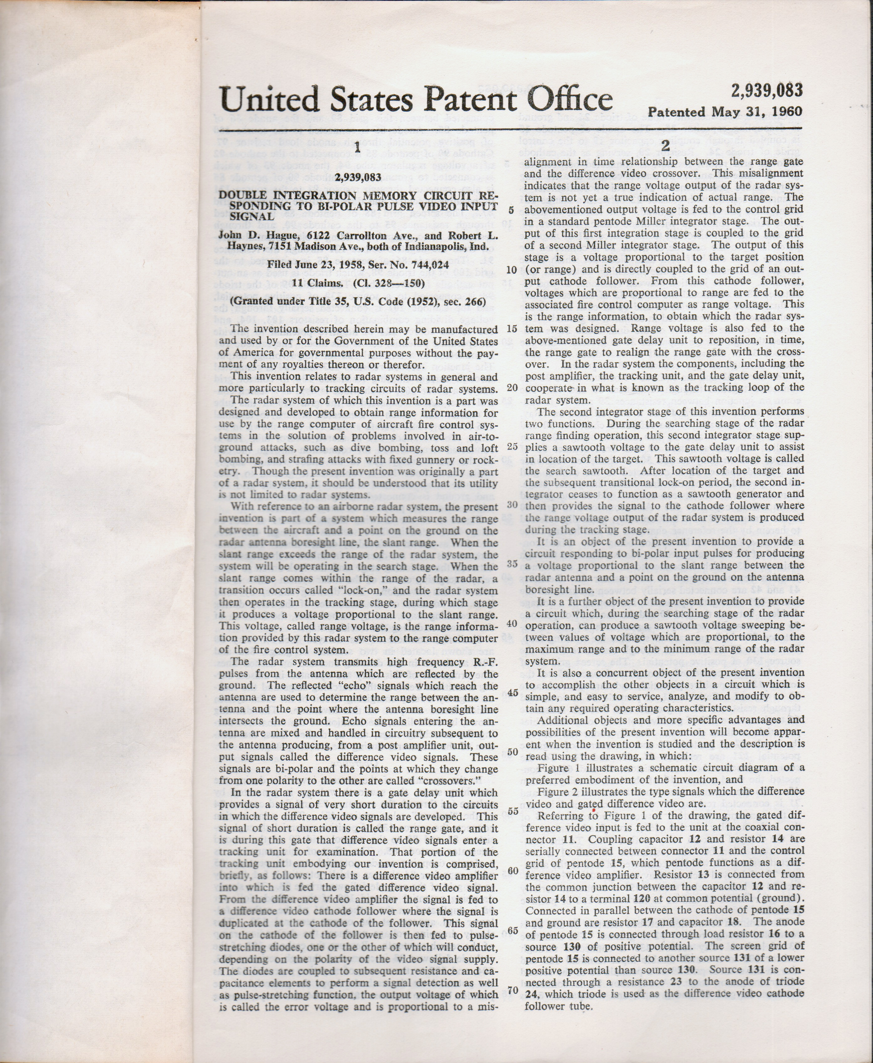 JD Hague patent 2,939,083 double integration memory circuit