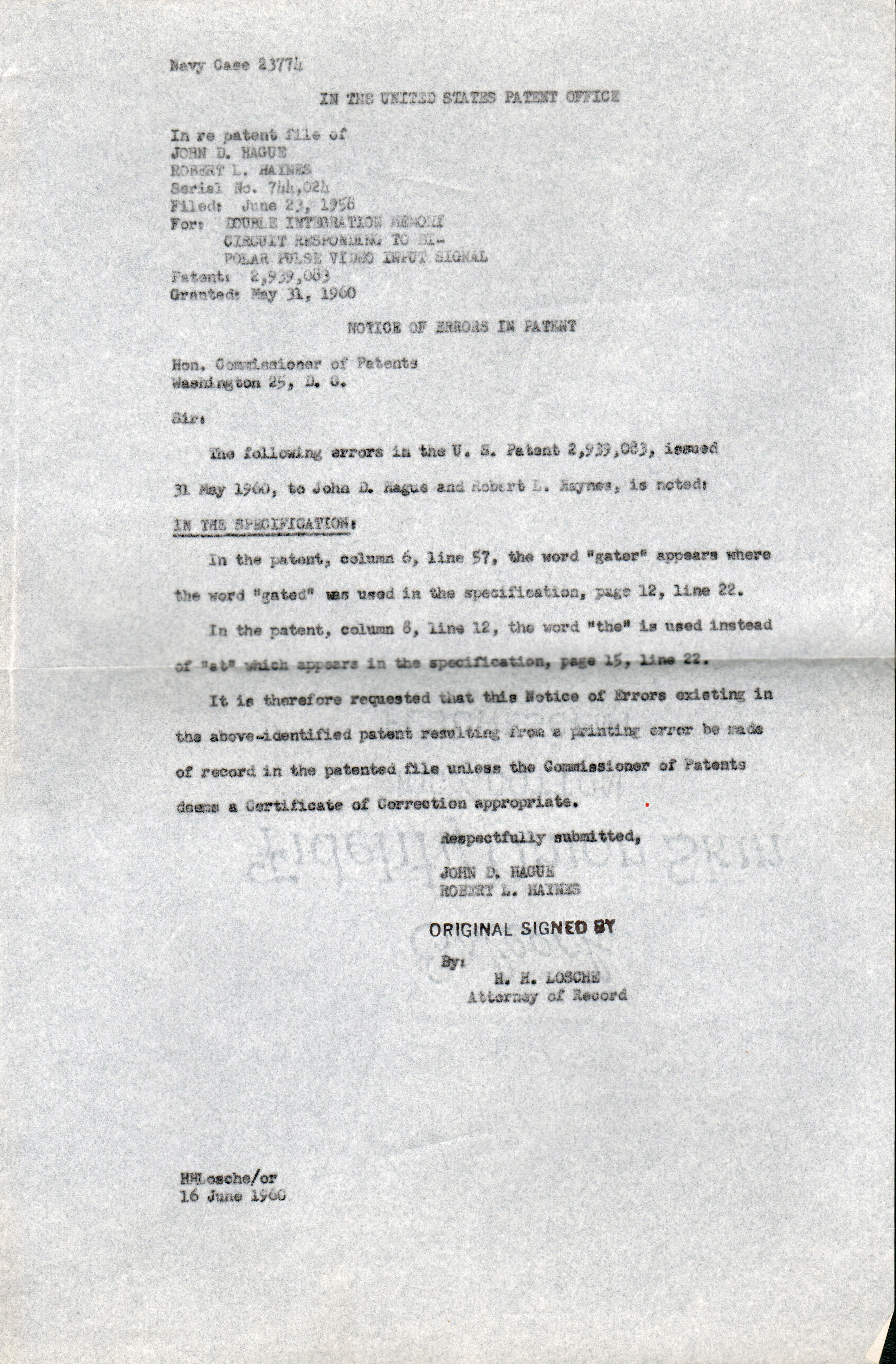 JD Hague patent 2,939,083 double integration memory circuit