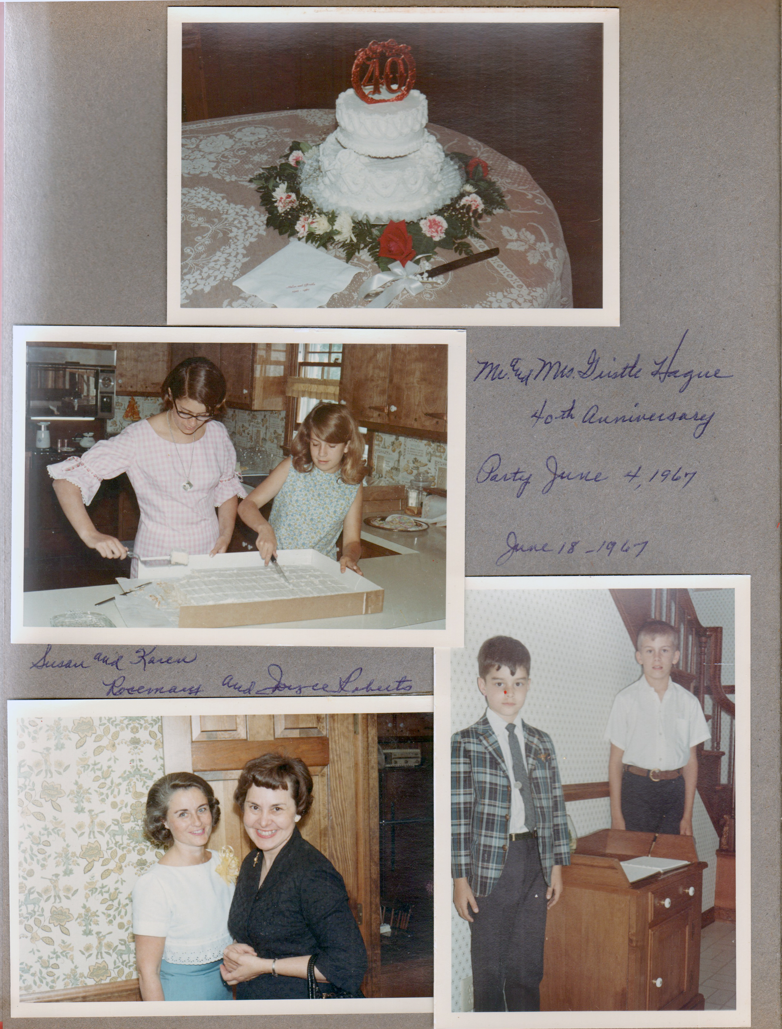 Helen and Girstle Hague 40th anniversary cake - 1927 to 1967 - at 8817 Haverstick - Susan and Karen cutting cake. Alan and Eddie. Rosemary and Joyce Roberts.