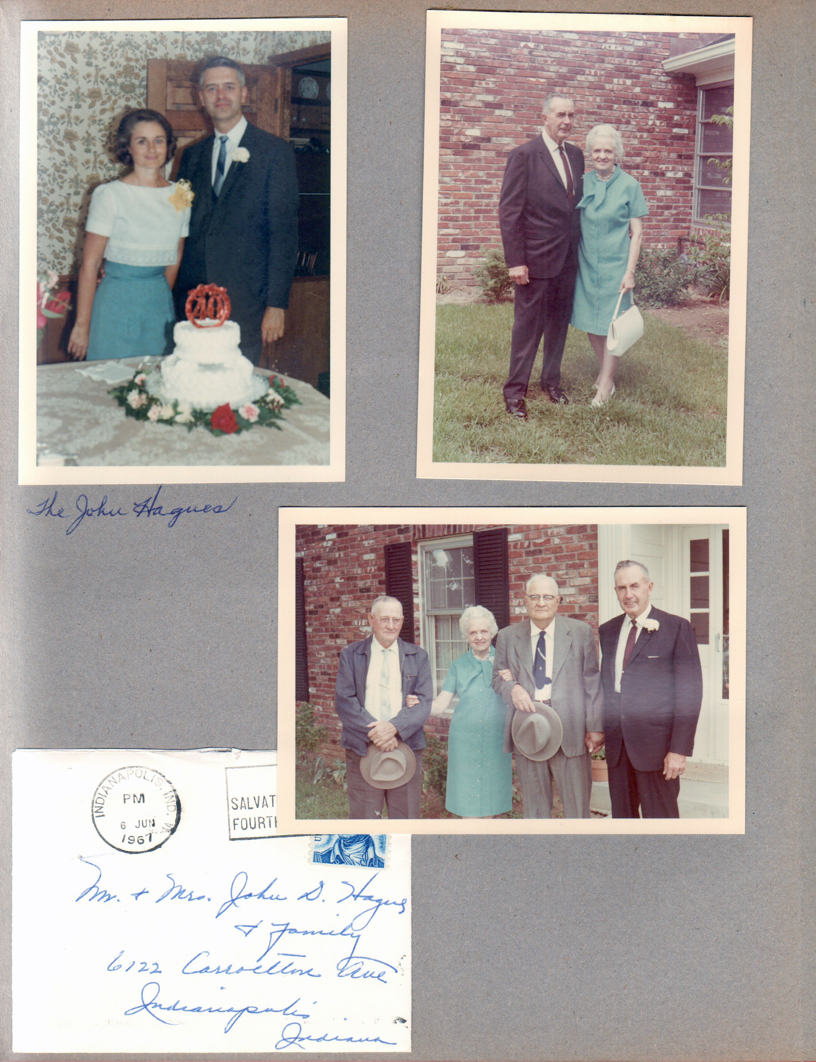 Helen and Girstle Hague 40th anniversary cake - 1927 to 1967 - at 8817 Haverstick - Rosemary and John. Girstle and Helen by porch. ...and with two unknown men. Thank You note from Helen.