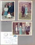 Helen and Girstle Hague 40th anniversary cake - 1927 to 1967 - at 8817 Haverstick - Rosemary and John. Girstle and Helen by porch. ...and with two unknown men. Thank You note from Helen.