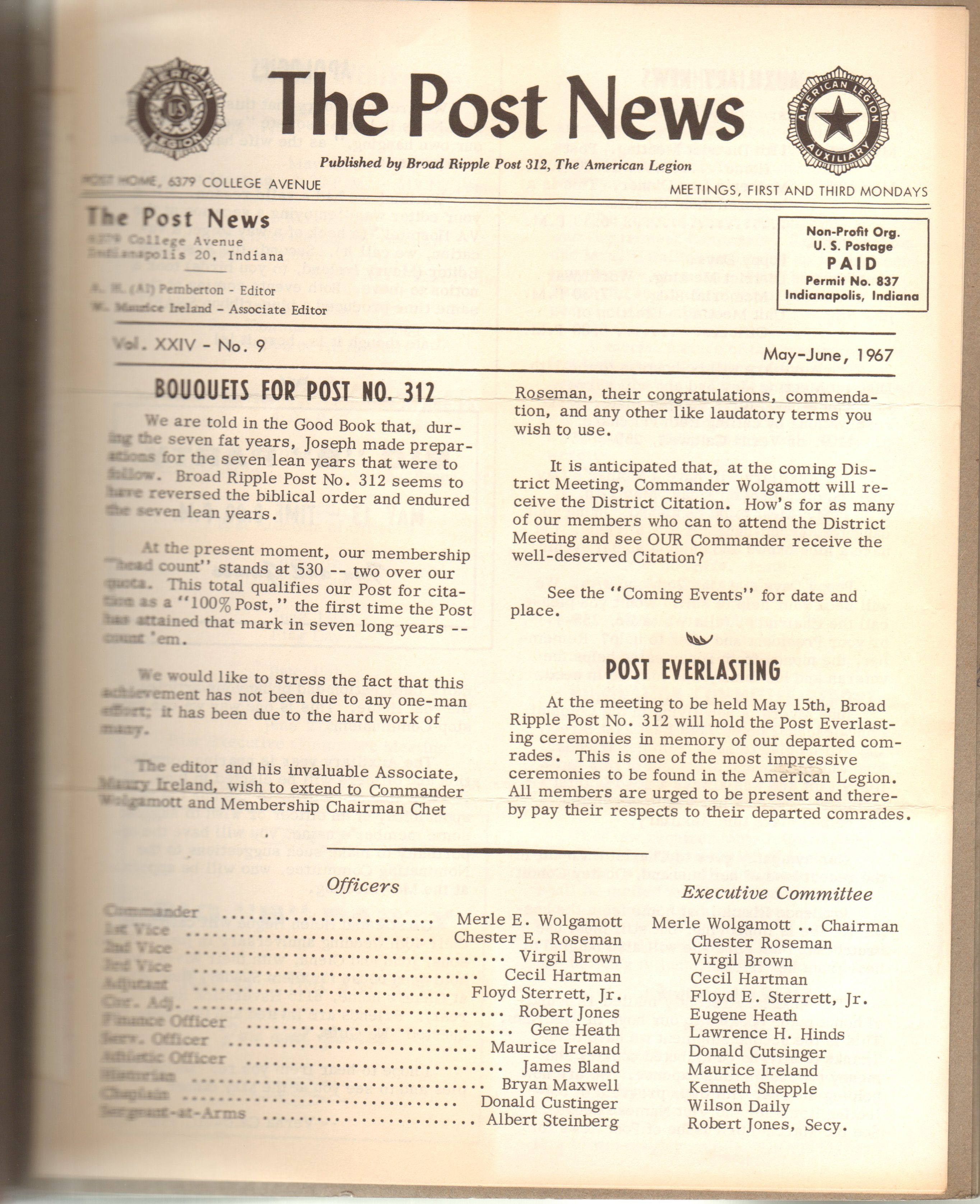 Broad Ripple Post No. 312 6378 College - The Post News May-June 1967. - 
