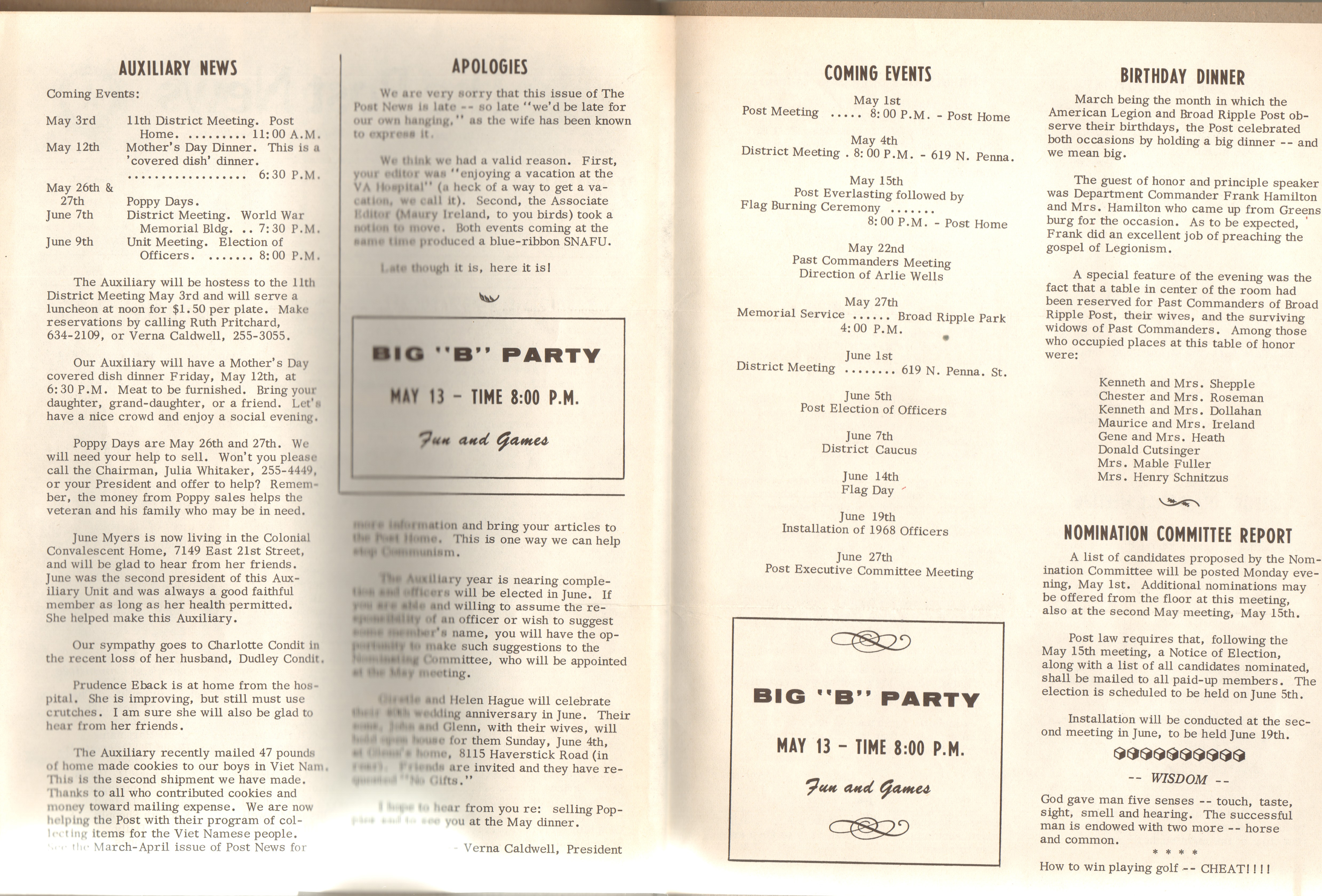 Broad Ripple Post No. 312 6378 College - The Post News May-June 1967. - Helen and Girstle Hague 40th anniversary