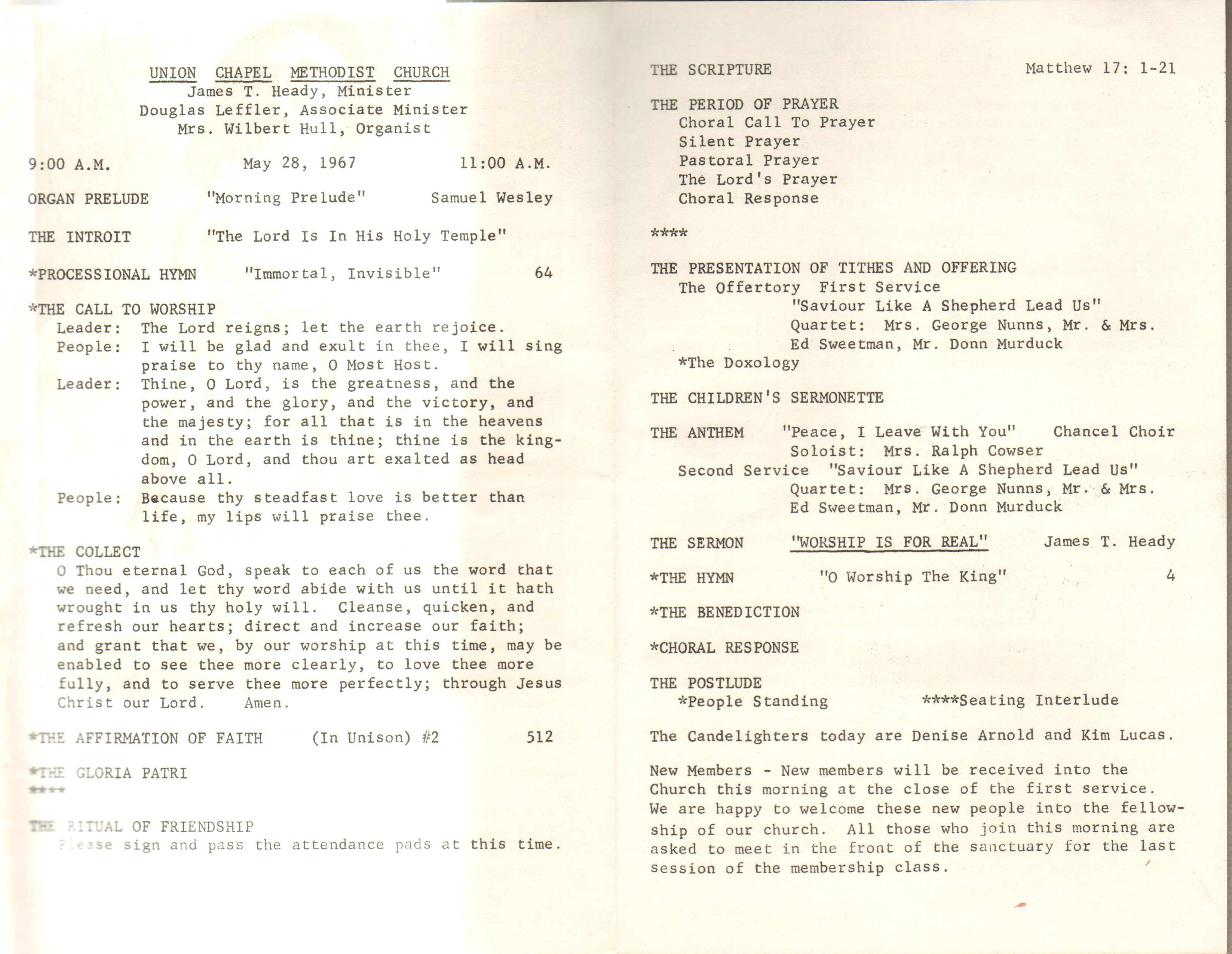 Union Chapel Methodist Church bulletin - May 28, 1967
