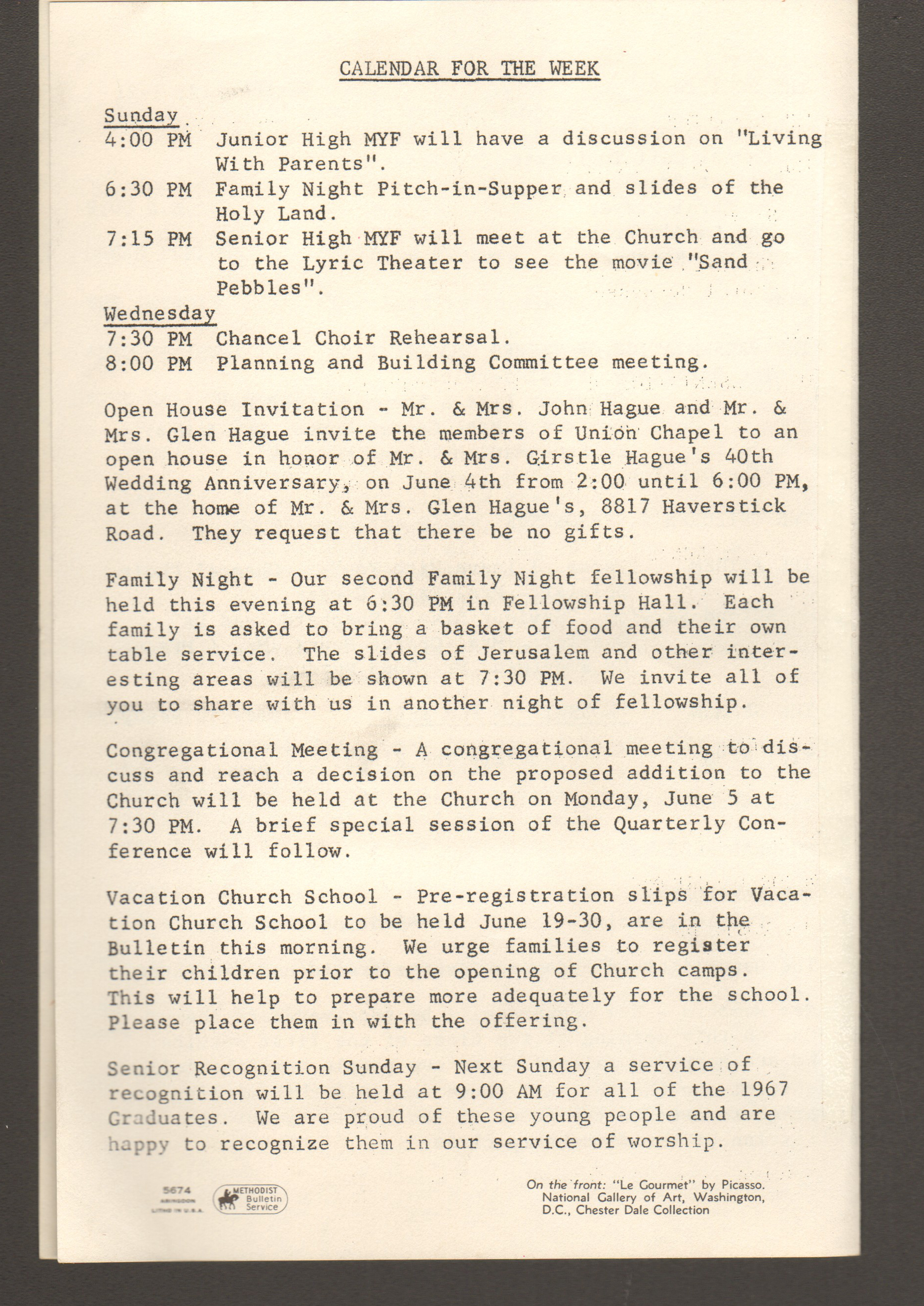 Union Chapel Methodist Church bulletin - May 28, 1967 - Helen and Girstle Hague 40th anniversary