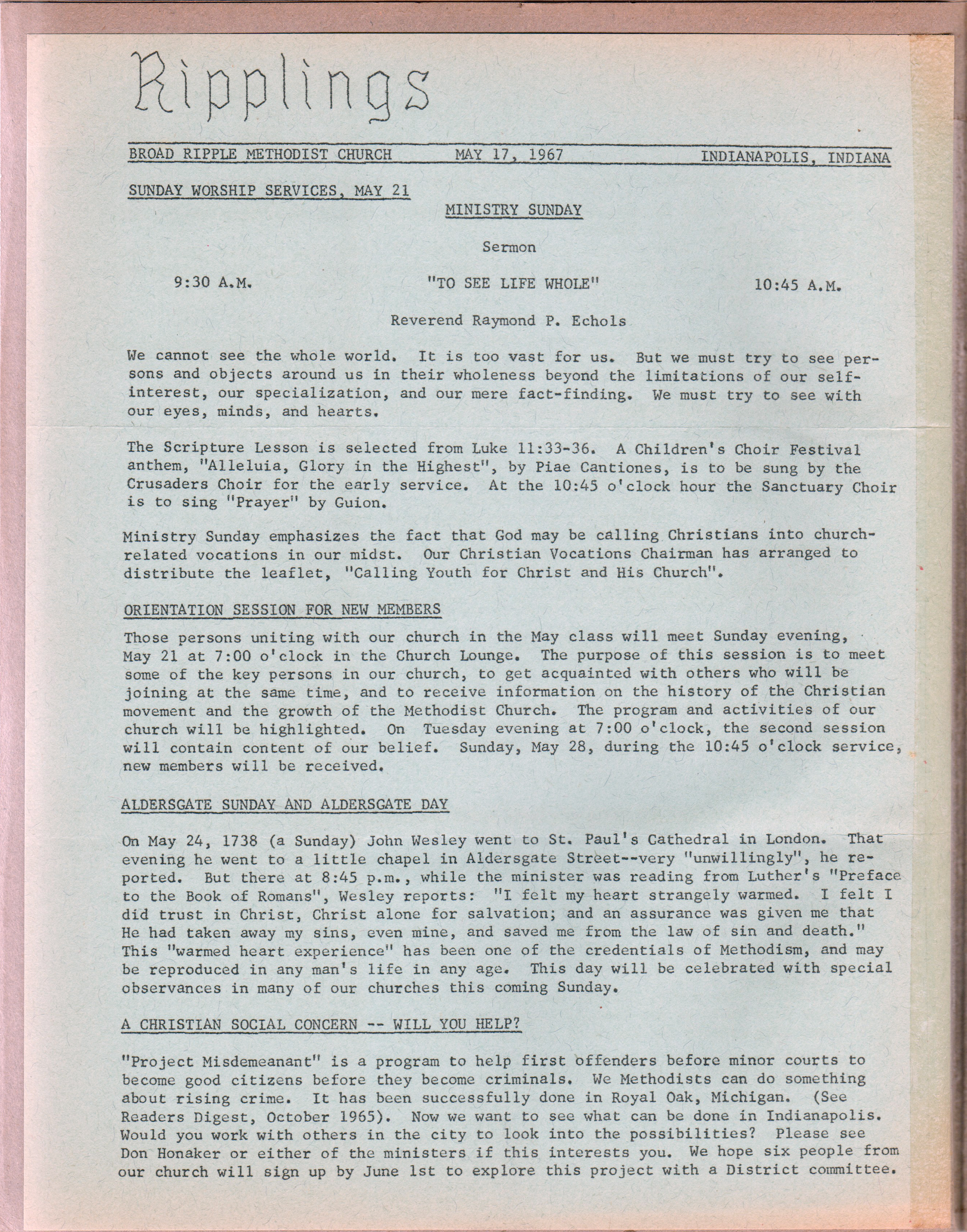 Broad Ripple Methodist Church - Ripplings - May 17, 1967