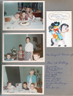 6122 dining room - Alan's 7th birthday party - Teddy Bennett, Alan, Mark Hylton, Andy Wallace (looks like Tom Scales in mirror). Invitation. Alan and School 80 teacher Margaret Rodebaugh. Roger Watson?, Steve Chaillard, Vonnie, Teddy Bennett. list of names - Chip Walker, Richard McPhail, Roger Watson, Andrew Wallace, Mark Hylton, Bobby Robb, Steven Chaillard, Teddy Bennett, Grandmother Letsinger, Jeff, Bruce Springer.