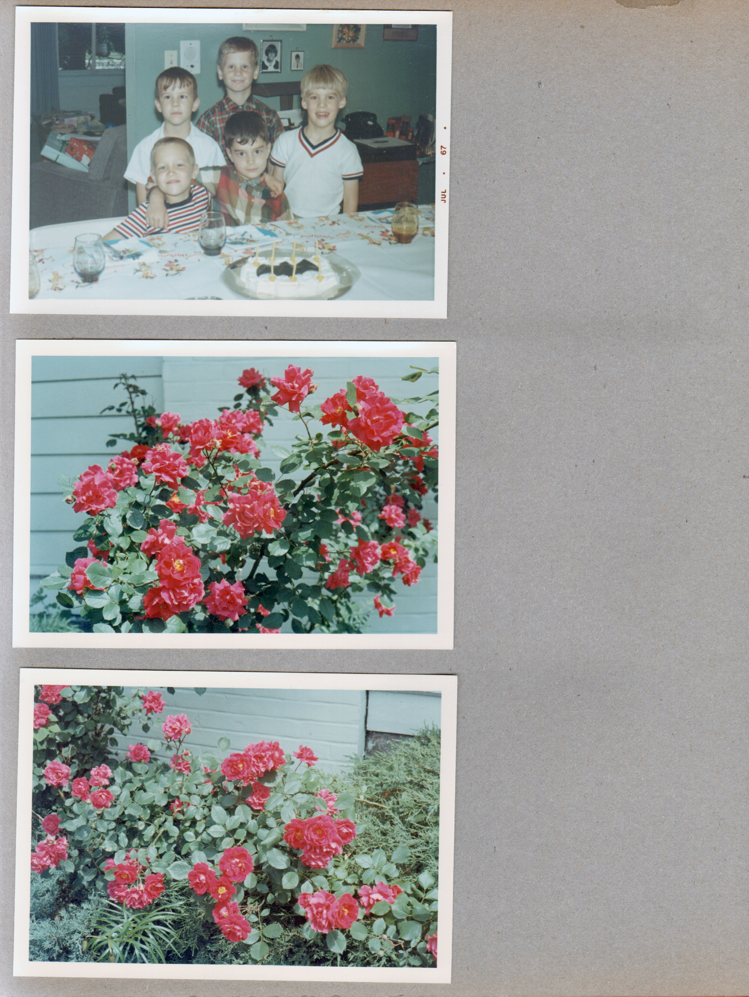 6122 dining room - Alan's 7th birthday party - Mark Hylton, Bruce Springer, Jeff Rowland?, Alan, Andy Wallace. Roses by side of 6122.