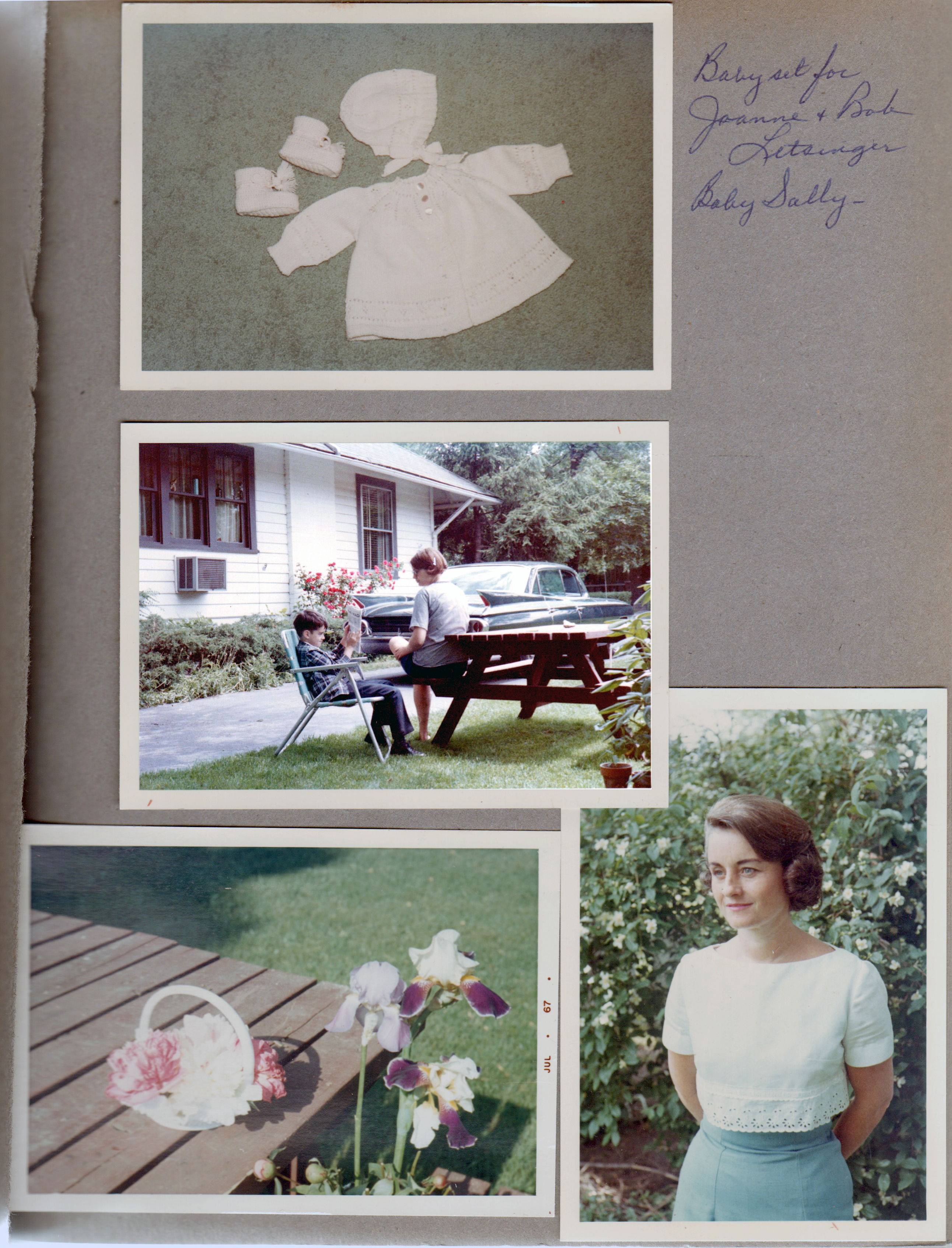 Rosemary's knitted (crochet?) baby clothes. 6122 yard - Alan reading MAD Magazine in his suit, Susan at picnic table, Cadillac in driveway. iris and peonies. Rosemary by flowering bush.