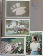 Rosemary's knitted (crochet?) baby clothes. 6122 yard - Alan reading MAD Magazine in his suit, Susan at picnic table, Cadillac in driveway. iris and peonies. Rosemary by flowering bush.