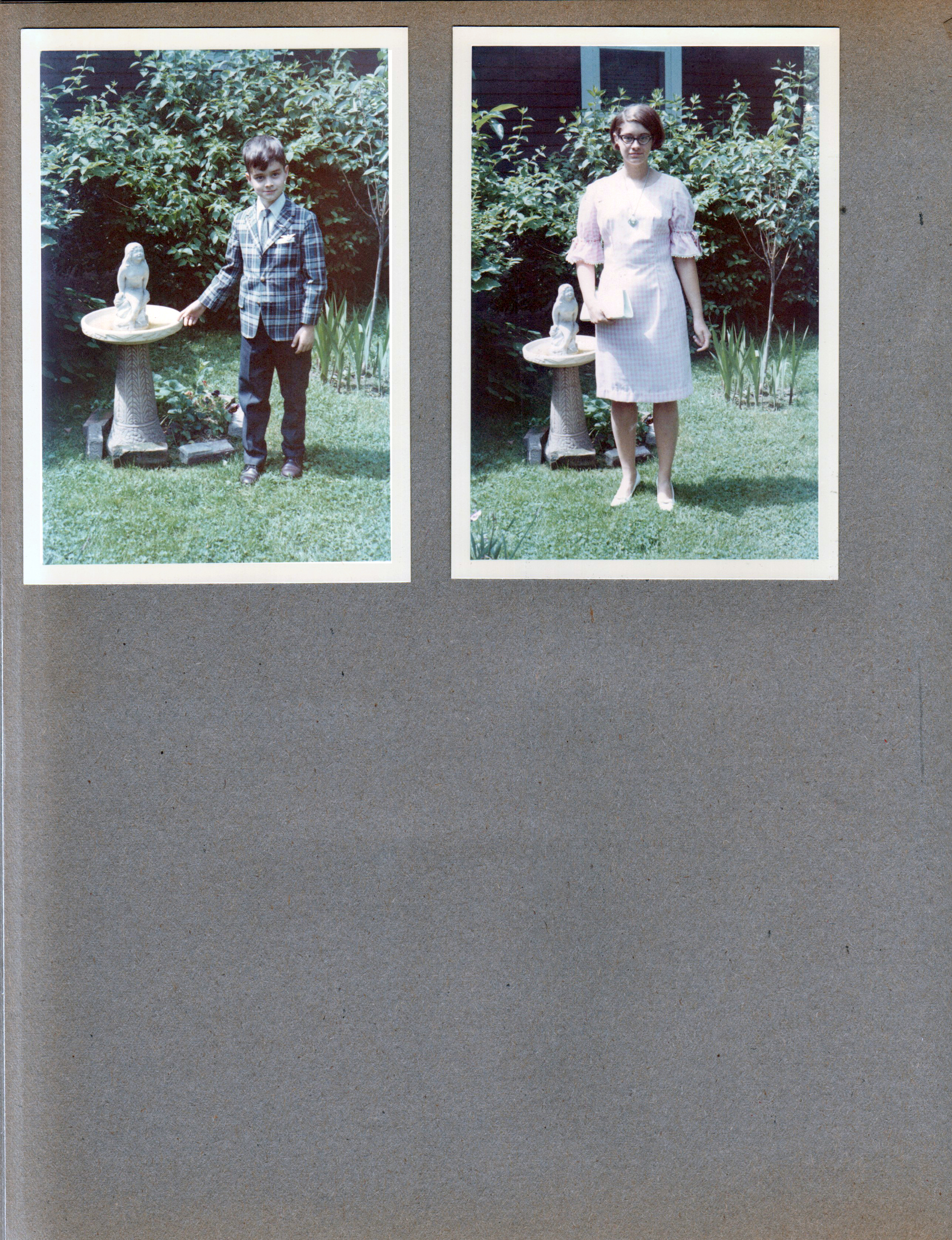 6122 yard - Alan and Susan by bird bath with mermaid statue.