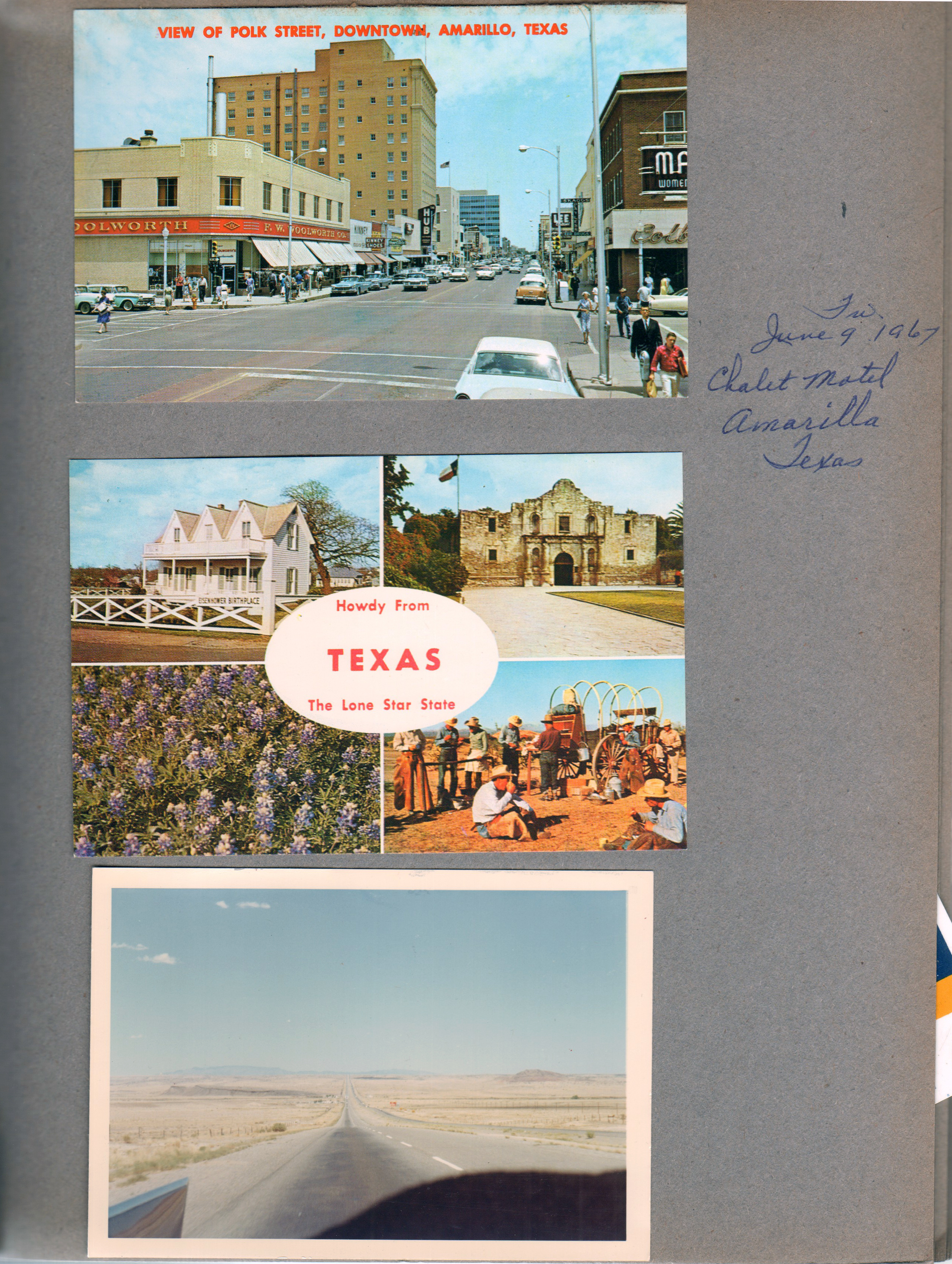 Postcard 8928 - View of Polk Street, Downtown, Amarillo, Texas. Postcard 31325 - Howdy from Texas, The Lone Star State. Driving in Texas.