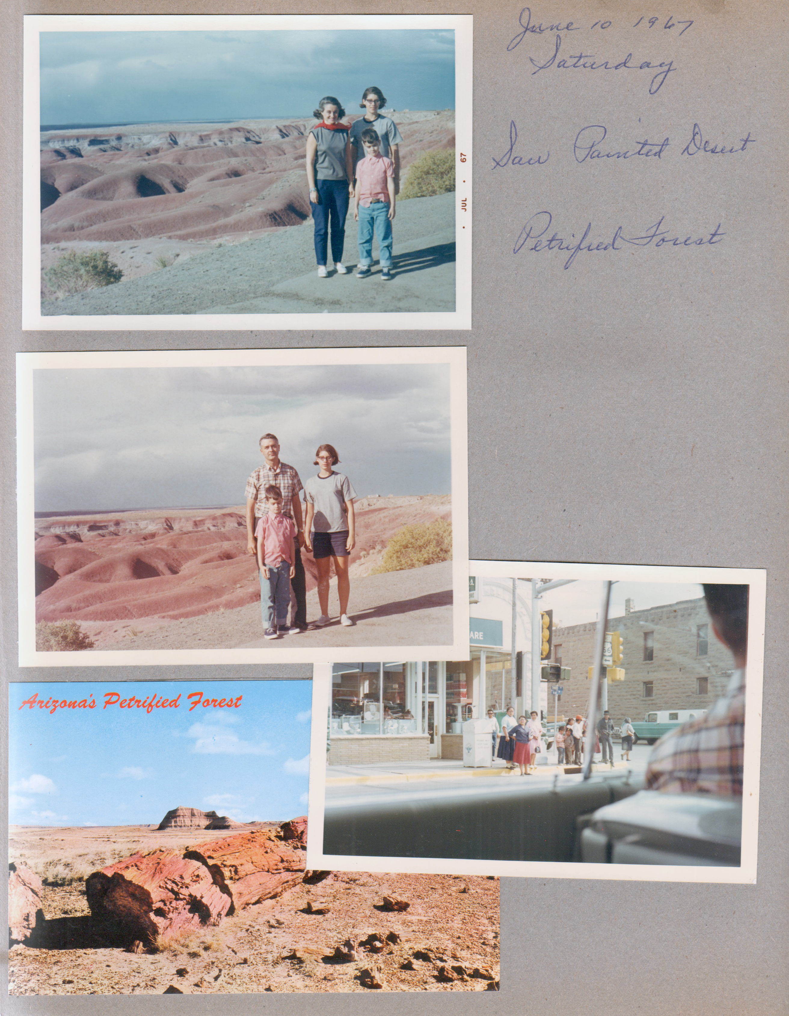June 10, 1967 Saturday - Saw Painted Desert, Petrified Forest. Rosemary, Susan, Alan, John. Postcard Arizona's Petrified Forest C1165. Street corner Gallup, New Mexico.