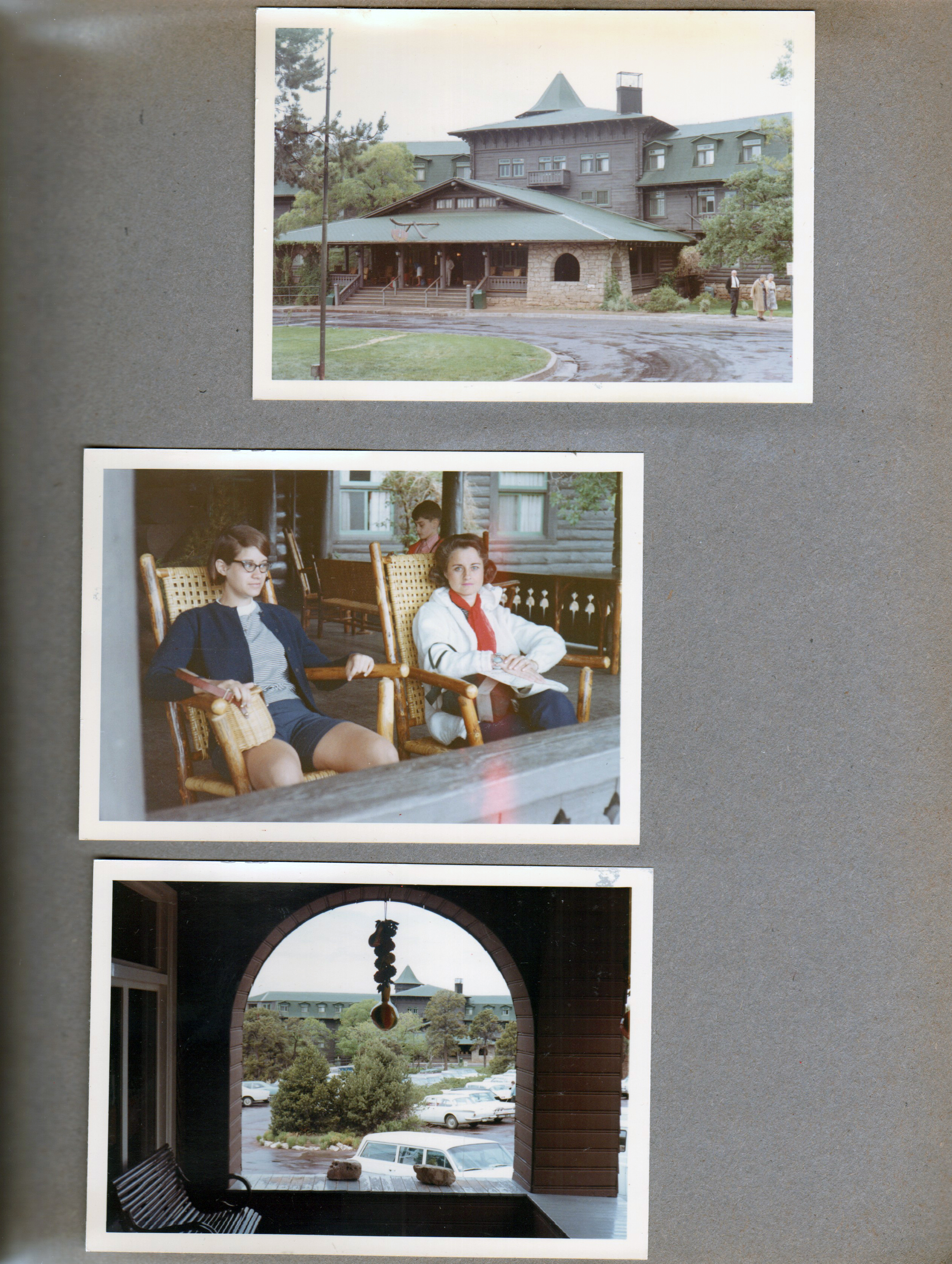 Grand Canyon - Hotel El Tovar. porch chairs Susan and Rosemary, Alan