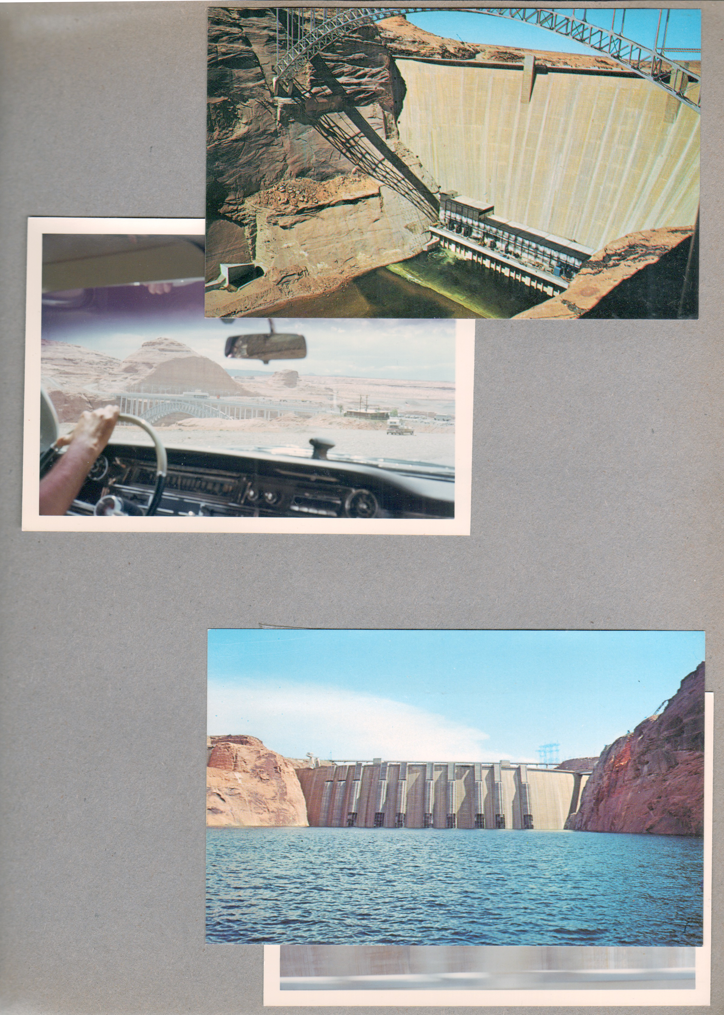 postcard Glen Canyon dam P63564. Driving by dam, dashboard of car. postcard Glen Canyon dam P63566 